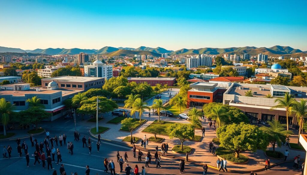 A vibrant metropolitan scene showcasing the urban landscape of Sarandi, Paraná, Brazil. In the foreground, a bustling street with people dressed in professional business attire and modest casual clothing, engaged in daily activities. The middle ground features modern architecture, with a mix of residential and commercial buildings, reflecting the growth and development of the area. Trees and green spaces intermingle with paved walkways, creating a sense of community. In the background, gentle hills under a clear blue sky with soft, warm sunlight illuminating the scene. Capture a dynamic and optimistic atmosphere, using a wide-angle lens to emphasize the scale of urban development, and highlight the intersection between nature and city life, with a focus on harmony and progress. A vibrant metropolitan scene showcasing the urban landscape of Sarandi, Paraná, Brazil. In the foreground, a bustling street with people dressed in professional business attire and modest casual clothing, engaged in daily activities. The middle ground features modern architecture, with a mix of residential and commercial buildings, reflecting the growth and development of the area. Trees and green spaces intermingle with paved walkways, creating a sense of community. In the background, gentle hills under a clear blue sky with soft, warm sunlight illuminating the scene. Capture a dynamic and optimistic atmosphere, using a wide-angle lens to emphasize the scale of urban development, and highlight the intersection between nature and city life, with a focus on harmony and progress.