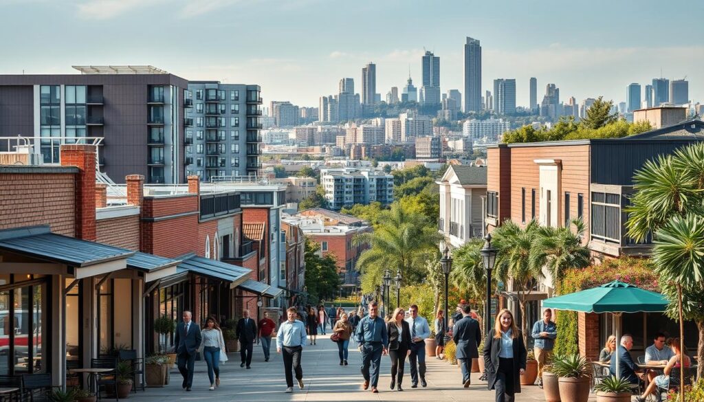 A vibrant mixed-use neighborhood showcasing a blend of residential and commercial areas. In the foreground, visually appealing small shops and cafes with outdoor seating bustling with activity. Stylish people in professional business attire and modest casual clothing walk by, embodying a community feel. In the middle ground, modern apartment buildings coexist with local parks, where families and individuals engage in leisurely activities. The background features a city skyline with a blend of green spaces and urban architecture, under a warm afternoon light. The scene captures the essence of urban evolution, emphasizing harmony and diversity within living spaces, suggesting prosperity and inclusivity. The atmosphere is lively and inviting, reflecting the concept of mixed neighborhoods thriving in an urban setting. A vibrant mixed-use neighborhood showcasing a blend of residential and commercial areas. In the foreground, visually appealing small shops and cafes with outdoor seating bustling with activity. Stylish people in professional business attire and modest casual clothing walk by, embodying a community feel. In the middle ground, modern apartment buildings coexist with local parks, where families and individuals engage in leisurely activities. The background features a city skyline with a blend of green spaces and urban architecture, under a warm afternoon light. The scene captures the essence of urban evolution, emphasizing harmony and diversity within living spaces, suggesting prosperity and inclusivity. The atmosphere is lively and inviting, reflecting the concept of mixed neighborhoods thriving in an urban setting.