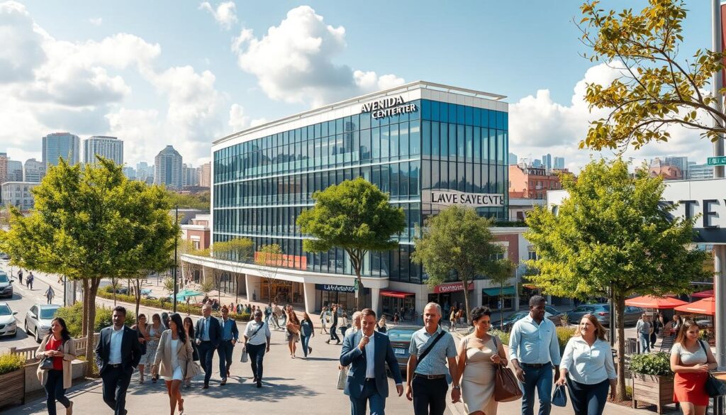 A vibrant, modern urban scene depicting a thriving residential area near the Avenida Center shopping mall. In the foreground, a diverse group of well-dressed professionals and families casually stroll along a wide, tree-lined avenue, with some enjoying outdoor café seating. The middle ground features the sleek, multi-story Avenida Center, showcasing its contemporary architecture, large glass windows, and colorful storefronts. In the background, the skyline of a lively city, hinting at both residential and commercial spaces. Bright, natural daylight filters through fluffy clouds, creating a warm and inviting atmosphere. Capture the essence of convenience and vibrancy, with a focus on community and accessibility, emphasizing the benefits of living nearby. Use a slightly elevated angle to provide a comprehensive view of the bustling environment. A vibrant, modern urban scene depicting a thriving residential area near the Avenida Center shopping mall. In the foreground, a diverse group of well-dressed professionals and families casually stroll along a wide, tree-lined avenue, with some enjoying outdoor café seating. The middle ground features the sleek, multi-story Avenida Center, showcasing its contemporary architecture, large glass windows, and colorful storefronts. In the background, the skyline of a lively city, hinting at both residential and commercial spaces. Bright, natural daylight filters through fluffy clouds, creating a warm and inviting atmosphere. Capture the essence of convenience and vibrancy, with a focus on community and accessibility, emphasizing the benefits of living nearby. Use a slightly elevated angle to provide a comprehensive view of the bustling environment.