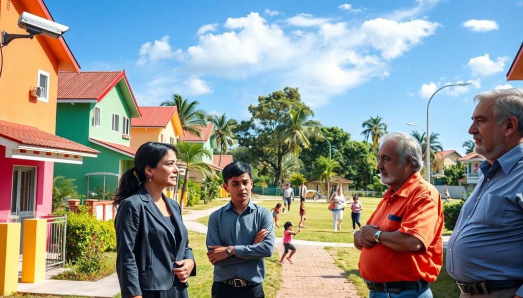 A vibrant neighborhood scene depicting a thorough evaluation of safety in a Maringá suburb. In the foreground, focus on a diverse group of three individuals: a middle-aged woman in professional attire, a young man in modest casual clothing, and an older gentleman, all discussing safety. They are surrounded by colorful houses with visible security features such as CCTV cameras and well-lit streetlights. In the middle ground, include a park with children playing, parents supervising, and community members jogging, conveying a sense of safety and togetherness. In the background, towering trees and bright blue skies create an inviting atmosphere. Use soft natural lighting to reflect a serene afternoon, capturing a sense of community and security. The image should evoke feelings of safety, trust, and community engagement. A vibrant neighborhood scene depicting a thorough evaluation of safety in a Maringá suburb. In the foreground, focus on a diverse group of three individuals: a middle-aged woman in professional attire, a young man in modest casual clothing, and an older gentleman, all discussing safety. They are surrounded by colorful houses with visible security features such as CCTV cameras and well-lit streetlights. In the middle ground, include a park with children playing, parents supervising, and community members jogging, conveying a sense of safety and togetherness. In the background, towering trees and bright blue skies create an inviting atmosphere. Use soft natural lighting to reflect a serene afternoon, capturing a sense of community and security. The image should evoke feelings of safety, trust, and community engagement.