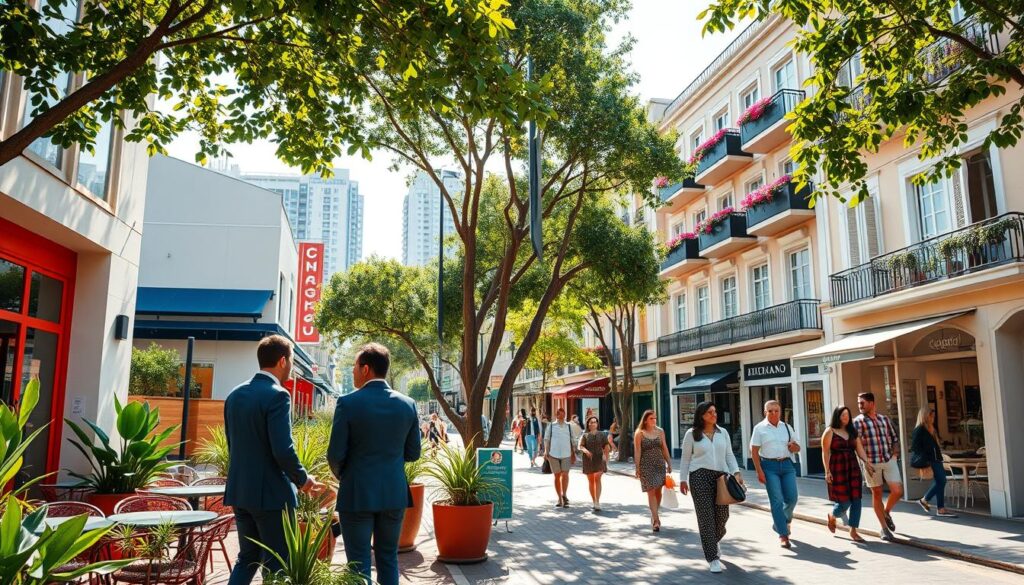 A vibrant neighborhood scene in Maringá, showcasing a lively "bairro" with modern architecture and green spaces. In the foreground, a couple of professionals in business attire are engaged in a conversation by a colorful café terrace, surrounded by lush plants. The middle ground features a bustling street with trendy shops and local boutiques, while people stroll along the sidewalk, enjoying the sunny day. The background displays a skyline of elegant residential buildings with balconies adorned with flowers. Soft sunlight filters through the trees, casting gentle shadows, creating a warm and inviting atmosphere. The angle is slightly elevated, providing a panoramic view that emphasizes the neighborhood's charm and economic potential for 2026. A vibrant neighborhood scene in Maringá, showcasing a lively "bairro" with modern architecture and green spaces. In the foreground, a couple of professionals in business attire are engaged in a conversation by a colorful café terrace, surrounded by lush plants. The middle ground features a bustling street with trendy shops and local boutiques, while people stroll along the sidewalk, enjoying the sunny day. The background displays a skyline of elegant residential buildings with balconies adorned with flowers. Soft sunlight filters through the trees, casting gentle shadows, creating a warm and inviting atmosphere. The angle is slightly elevated, providing a panoramic view that emphasizes the neighborhood's charm and economic potential for 2026.