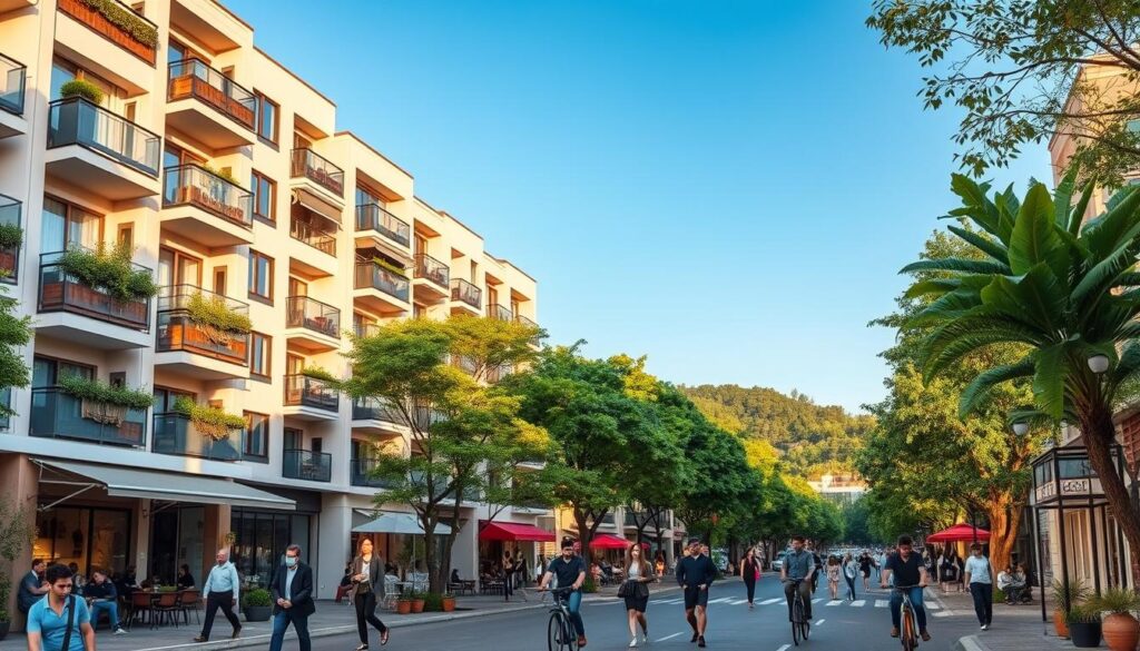 A vibrant neighborhood scene showcasing desirable apartments near UEM in Maringá. Foreground: a lively street adorned with modern apartment buildings, featuring balconies and greenery. Middle ground: well-dressed professionals walking or biking, enjoying the area's charm, with cafes and shops bustling with activity. Background: clear blue skies above lush green parks and tree-lined streets, hinting at a community-focused lifestyle. Soft, warm lighting creates an inviting atmosphere, suggesting late afternoon sun. Capture this scene from a slight elevation, using a wide-angle lens to emphasize the dynamic and appealing urban environment. The mood should radiate vibrancy, convenience, and a sense of belonging in a sought-after area. A vibrant neighborhood scene showcasing desirable apartments near UEM in Maringá. Foreground: a lively street adorned with modern apartment buildings, featuring balconies and greenery. Middle ground: well-dressed professionals walking or biking, enjoying the area's charm, with cafes and shops bustling with activity. Background: clear blue skies above lush green parks and tree-lined streets, hinting at a community-focused lifestyle. Soft, warm lighting creates an inviting atmosphere, suggesting late afternoon sun. Capture this scene from a slight elevation, using a wide-angle lens to emphasize the dynamic and appealing urban environment. The mood should radiate vibrancy, convenience, and a sense of belonging in a sought-after area.