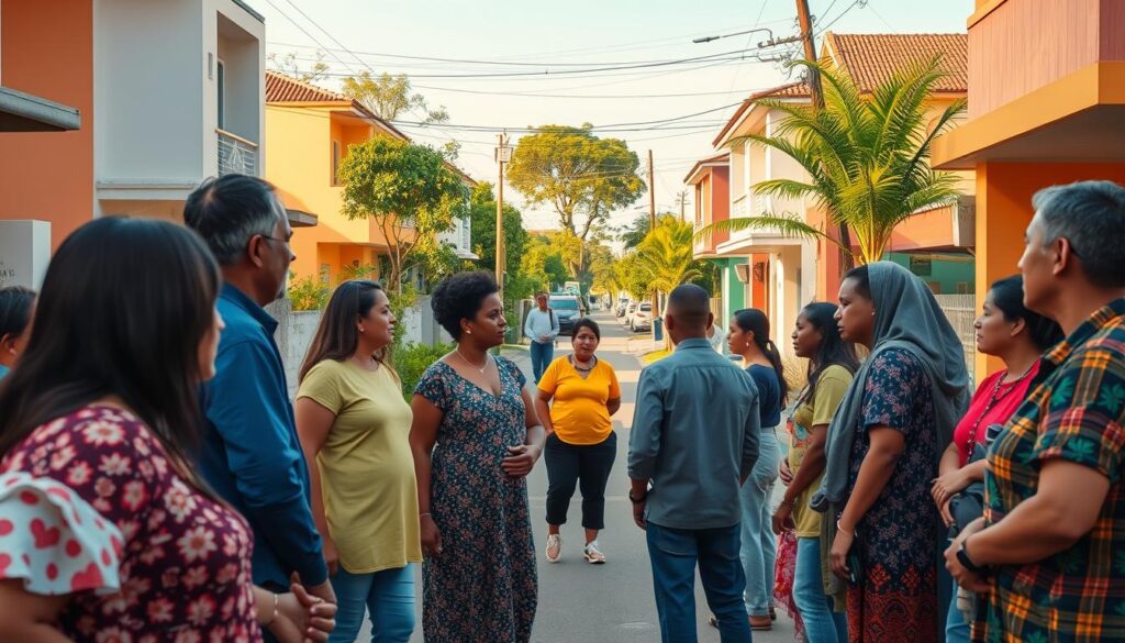 A vibrant neighborhood scene showcasing "vigilância solidária" in Maringá, Brazil. In the foreground, a diverse group of residents, dressed in modest casual clothing, engage in community monitoring by cooperatively observing their surroundings. In the middle ground, a well-maintained street with modern houses and lush greenery, with community members discussing and planning safety measures. The background features a clear sky, hinting at a sunny day, with a few trees and local shops to create a lively atmosphere. The scene is illuminated by warm, natural sunlight, casting soft shadows, and giving a sense of community warmth and vigilance. The angle captures the essence of neighborhood camaraderie fostering a secure environment. A vibrant neighborhood scene showcasing "vigilância solidária" in Maringá, Brazil. In the foreground, a diverse group of residents, dressed in modest casual clothing, engage in community monitoring by cooperatively observing their surroundings. In the middle ground, a well-maintained street with modern houses and lush greenery, with community members discussing and planning safety measures. The background features a clear sky, hinting at a sunny day, with a few trees and local shops to create a lively atmosphere. The scene is illuminated by warm, natural sunlight, casting soft shadows, and giving a sense of community warmth and vigilance. The angle captures the essence of neighborhood camaraderie fostering a secure environment.