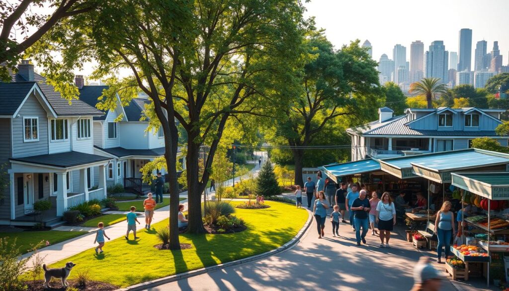 A vibrant neighborhood scene that showcases diverse infrastructure elements. In the foreground, a clean, tree-lined street with a mix of modern and traditional houses, each with a well-maintained garden. In the middle ground, a small park with families enjoying leisure time, children playing, and people walking dogs, emphasizing community engagement. On the right, a local market with charming stalls, where vendors present fresh produce, and pedestrians interact. In the background, the skyline of a city with buildings at varying heights, symbolizing urban growth. Soft, warm sunlight filters through the trees, casting gentle shadows and creating a welcoming atmosphere. The angle captures a panoramic view, focusing on the balance between residential and commercial spaces, reflecting a healthy neighborhood infrastructure. A vibrant neighborhood scene that showcases diverse infrastructure elements. In the foreground, a clean, tree-lined street with a mix of modern and traditional houses, each with a well-maintained garden. In the middle ground, a small park with families enjoying leisure time, children playing, and people walking dogs, emphasizing community engagement. On the right, a local market with charming stalls, where vendors present fresh produce, and pedestrians interact. In the background, the skyline of a city with buildings at varying heights, symbolizing urban growth. Soft, warm sunlight filters through the trees, casting gentle shadows and creating a welcoming atmosphere. The angle captures a panoramic view, focusing on the balance between residential and commercial spaces, reflecting a healthy neighborhood infrastructure.