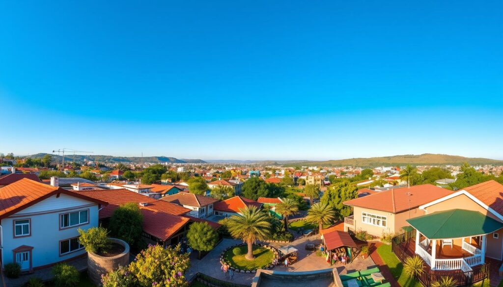 A vibrant panorama of Sarandi, Paraná, showcasing residential neighborhoods in a sunny afternoon setting. In the foreground, quaint houses with colorful facades and well-maintained gardens create a welcoming atmosphere. Moving into the middle ground, local parks with families enjoying leisure time and small cafés add life to the scene. In the background, gentle hills and a clear blue sky highlight the tranquility of the city. The lighting is warm and golden, casting soft shadows that enhance the inviting feel of the neighborhood. The composition captures the essence of community living, with an emphasis on the balance of urban life and natural beauty. The image should evoke a sense of warmth and livability, enticing viewers to explore Sarandi. A vibrant panorama of Sarandi, Paraná, showcasing residential neighborhoods in a sunny afternoon setting. In the foreground, quaint houses with colorful facades and well-maintained gardens create a welcoming atmosphere. Moving into the middle ground, local parks with families enjoying leisure time and small cafés add life to the scene. In the background, gentle hills and a clear blue sky highlight the tranquility of the city. The lighting is warm and golden, casting soft shadows that enhance the inviting feel of the neighborhood. The composition captures the essence of community living, with an emphasis on the balance of urban life and natural beauty. The image should evoke a sense of warmth and livability, enticing viewers to explore Sarandi.