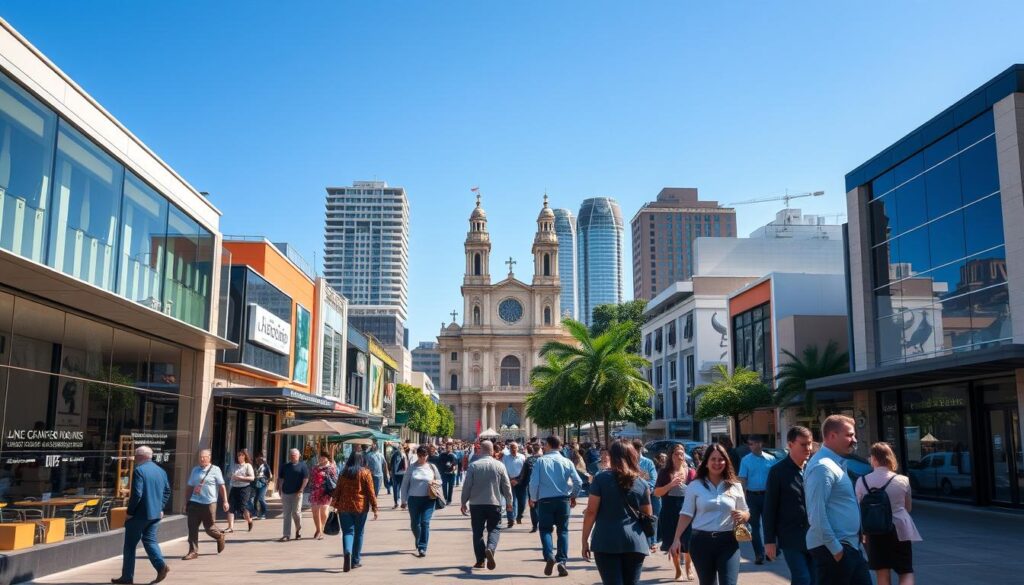 A vibrant panorama of the commercial rental landscape in Maringá, Brazil. In the foreground, depict a bustling street with modern storefronts showcasing a variety of businesses, including cafes, retail shops, and office spaces, all adorned with glass facades that reflect the sunlight. The middle ground features a diverse crowd of professionals in business attire engaging in conversations and walking briskly, symbolizing economic activity. In the background, capture the distinctive architecture of Maringá, including the iconic Cathedral of Maringá and surrounding high-rise buildings, under a clear blue sky. The scene is filled with warm, natural light, emphasizing a lively and optimistic atmosphere, taken from a slightly elevated angle to accentuate the city's dynamic commercial spirit. A vibrant panorama of the commercial rental landscape in Maringá, Brazil. In the foreground, depict a bustling street with modern storefronts showcasing a variety of businesses, including cafes, retail shops, and office spaces, all adorned with glass facades that reflect the sunlight. The middle ground features a diverse crowd of professionals in business attire engaging in conversations and walking briskly, symbolizing economic activity. In the background, capture the distinctive architecture of Maringá, including the iconic Cathedral of Maringá and surrounding high-rise buildings, under a clear blue sky. The scene is filled with warm, natural light, emphasizing a lively and optimistic atmosphere, taken from a slightly elevated angle to accentuate the city's dynamic commercial spirit.