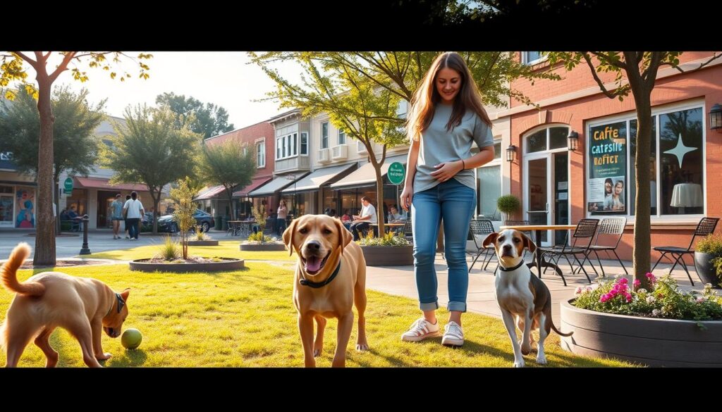 A vibrant pet-friendly neighborhood scene showcasing dogs happily interacting with their owners in a lush urban park setting. In the foreground, a friendly Labrador retriever plays with a ball, while a small terrier leans against a person wearing casual, modest clothing. The middle ground features a pet-friendly café with outdoor seating, where patrons enjoy their time with pets, and scattered green spaces with trees and flower beds. In the background, charming low-rise buildings line the street, accented by colorful murals and dog-friendly signs. Warm afternoon sunlight bathes the scene, casting soft shadows, creating an inviting and joyful atmosphere that exemplifies a pet-friendly community. Use a wide-angle lens to capture the lively essence of this neighborhood. A vibrant pet-friendly neighborhood scene showcasing dogs happily interacting with their owners in a lush urban park setting. In the foreground, a friendly Labrador retriever plays with a ball, while a small terrier leans against a person wearing casual, modest clothing. The middle ground features a pet-friendly café with outdoor seating, where patrons enjoy their time with pets, and scattered green spaces with trees and flower beds. In the background, charming low-rise buildings line the street, accented by colorful murals and dog-friendly signs. Warm afternoon sunlight bathes the scene, casting soft shadows, creating an inviting and joyful atmosphere that exemplifies a pet-friendly community. Use a wide-angle lens to capture the lively essence of this neighborhood.