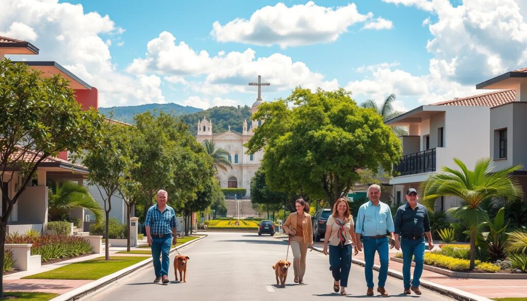 A vibrant, picturesque view of the best neighborhoods in Maringá for 2026. In the foreground, a tree-lined street showcases modern homes with landscaped gardens, featuring a blend of contemporary architecture and traditional Brazilian designs. The middle ground highlights cheerful families enjoying a sunny day, dressed in smart casual attire, walking dogs and chatting, embodying a friendly community atmosphere. In the background, iconic landmarks of Maringá, such as the Cathedral and lush green parks, are visible under a bright blue sky with fluffy clouds. Soft, natural lighting creates a warm yet inviting mood, capturing the essence of a desirable living environment. A slightly elevated angle gives an expansive overview of the neighborhoods, emphasizing their charm and livability. A vibrant, picturesque view of the best neighborhoods in Maringá for 2026. In the foreground, a tree-lined street showcases modern homes with landscaped gardens, featuring a blend of contemporary architecture and traditional Brazilian designs. The middle ground highlights cheerful families enjoying a sunny day, dressed in smart casual attire, walking dogs and chatting, embodying a friendly community atmosphere. In the background, iconic landmarks of Maringá, such as the Cathedral and lush green parks, are visible under a bright blue sky with fluffy clouds. Soft, natural lighting creates a warm yet inviting mood, capturing the essence of a desirable living environment. A slightly elevated angle gives an expansive overview of the neighborhoods, emphasizing their charm and livability.
