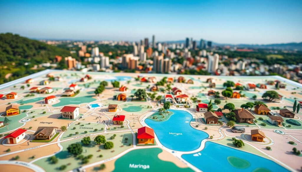 A vibrant real estate map of Maringá, showcasing current opportunities for houses for sale. In the foreground, detailed icons representing houses in various styles (modern, colonial, and rustic) are scattered across a colorful map layout. The map's middle ground highlights distinct neighborhoods with greenery and parks, while small streets connect them. The background features Maringá’s skyline with iconic buildings under a clear blue sky, creating a welcoming atmosphere. Soft, natural lighting enhances the map's colors, inviting potential buyers to explore. Use a wide-angle perspective to capture the expansive view. The scene should evoke feelings of opportunity and community, appealing to homebuyers looking for their ideal neighborhood. A vibrant real estate map of Maringá, showcasing current opportunities for houses for sale. In the foreground, detailed icons representing houses in various styles (modern, colonial, and rustic) are scattered across a colorful map layout. The map's middle ground highlights distinct neighborhoods with greenery and parks, while small streets connect them. The background features Maringá’s skyline with iconic buildings under a clear blue sky, creating a welcoming atmosphere. Soft, natural lighting enhances the map's colors, inviting potential buyers to explore. Use a wide-angle perspective to capture the expansive view. The scene should evoke feelings of opportunity and community, appealing to homebuyers looking for their ideal neighborhood.