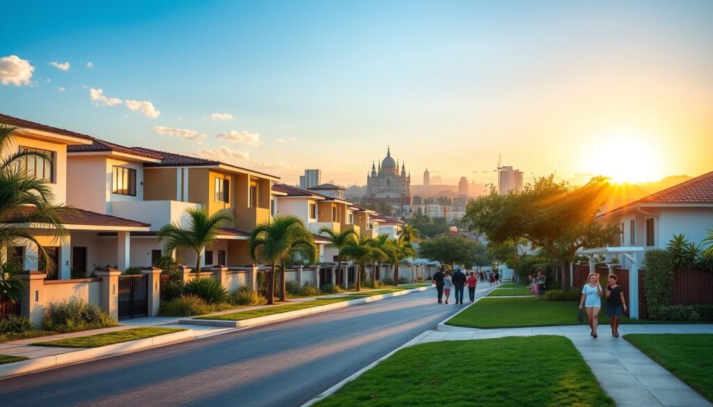 A vibrant real estate market scene in Maringá, Brazil, showcasing a mix of single-story houses and multi-story townhouses. In the foreground, a neatly paved street lined with modern homes featuring varied architectural styles, lush greenery, and well-maintained gardens. In the middle ground, a bustling neighborhood with families strolling and children playing, emphasizing the community aspect. The background reveals Maringá's signature skyline, including the iconic cathedral and urban structures under a clear blue sky. Soft, warm lighting enhances a welcoming atmosphere, with the sun setting to the right, casting gentle shadows. The image captures the essence of the current housing market with a focus on inviting residential settings. A vibrant real estate market scene in Maringá, Brazil, showcasing a mix of single-story houses and multi-story townhouses. In the foreground, a neatly paved street lined with modern homes featuring varied architectural styles, lush greenery, and well-maintained gardens. In the middle ground, a bustling neighborhood with families strolling and children playing, emphasizing the community aspect. The background reveals Maringá's signature skyline, including the iconic cathedral and urban structures under a clear blue sky. Soft, warm lighting enhances a welcoming atmosphere, with the sun setting to the right, casting gentle shadows. The image captures the essence of the current housing market with a focus on inviting residential settings.