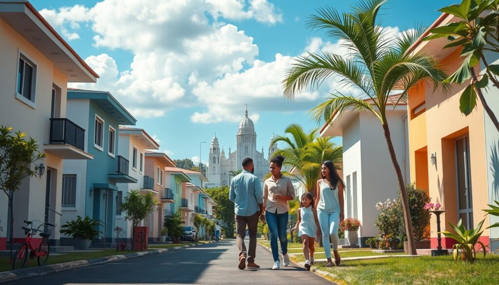 A vibrant real estate market scene in Maringá, Brazil, showcasing a picturesque neighborhood. In the foreground, a charming street lined with modern yet affordable homes, each uniquely painted in pastel colors. Some houses have small gardens with blooming tropical flowers. The middle ground features a family eagerly exploring a property, dressed in casual yet presentable clothing, with a real estate agent guiding them. In the background, the skyline of Maringá is visible, including the iconic Cathedral of Maringá, under a clear blue sky with fluffy white clouds. The lighting is bright and inviting, evoking a hopeful, aspirational atmosphere. Shot from a slightly elevated angle, capturing the essence of community and the dream of homeownership in this beautiful city. A vibrant real estate market scene in Maringá, Brazil, showcasing a picturesque neighborhood. In the foreground, a charming street lined with modern yet affordable homes, each uniquely painted in pastel colors. Some houses have small gardens with blooming tropical flowers. The middle ground features a family eagerly exploring a property, dressed in casual yet presentable clothing, with a real estate agent guiding them. In the background, the skyline of Maringá is visible, including the iconic Cathedral of Maringá, under a clear blue sky with fluffy white clouds. The lighting is bright and inviting, evoking a hopeful, aspirational atmosphere. Shot from a slightly elevated angle, capturing the essence of community and the dream of homeownership in this beautiful city.