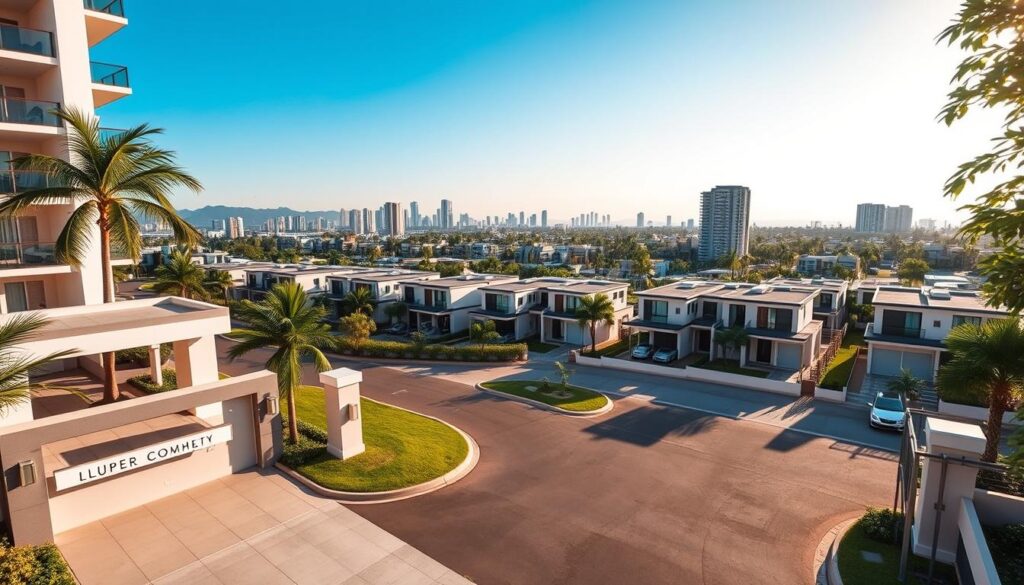 A vibrant real estate market scene in Maringá, Brazil, showcasing modern gated community developments. In the foreground, a sleek, welcoming entrance of a luxury condominium with lush landscaping, featuring elegant signage and palm trees. The middle ground displays multiple stylish homes with contemporary architectural designs, surrounded by manicured lawns and private gardens. In the background, the skyline of Maringá with its distinct high-rise buildings and vibrant cityscape under a clear blue sky. Soft, warm lighting reflects a sunny day, with shadows that suggest a late afternoon ambiance. The image evokes a sense of tranquility, opportunity, and modern living in an upscale residential area, capturing the essence of Maringá's real estate market. A vibrant real estate market scene in Maringá, Brazil, showcasing modern gated community developments. In the foreground, a sleek, welcoming entrance of a luxury condominium with lush landscaping, featuring elegant signage and palm trees. The middle ground displays multiple stylish homes with contemporary architectural designs, surrounded by manicured lawns and private gardens. In the background, the skyline of Maringá with its distinct high-rise buildings and vibrant cityscape under a clear blue sky. Soft, warm lighting reflects a sunny day, with shadows that suggest a late afternoon ambiance. The image evokes a sense of tranquility, opportunity, and modern living in an upscale residential area, capturing the essence of Maringá's real estate market.