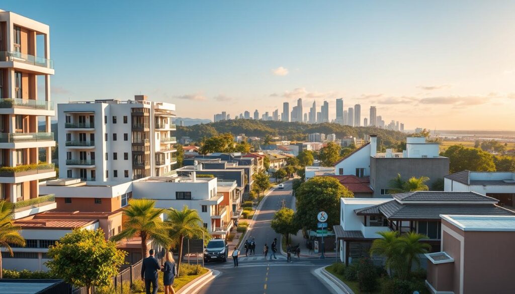 A vibrant real estate market scene in Maringá, Brazil, showcasing various residential and commercial properties in the foreground. Include modern buildings with distinctive architecture, such as multi-story apartments and office complexes, reflecting the city’s growth. In the middle ground, depict a bustling street with people in professional attire discussing property listings, along with real estate agents showcasing homes. In the background, capture the iconic skyline of Maringá, featuring lush greenery and open spaces. Use natural lighting to create a warm atmosphere, with a golden hour glow casting soft shadows. The scene should convey a sense of opportunity and vibrancy in the real estate market. A vibrant real estate market scene in Maringá, Brazil, showcasing various residential and commercial properties in the foreground. Include modern buildings with distinctive architecture, such as multi-story apartments and office complexes, reflecting the city’s growth. In the middle ground, depict a bustling street with people in professional attire discussing property listings, along with real estate agents showcasing homes. In the background, capture the iconic skyline of Maringá, featuring lush greenery and open spaces. Use natural lighting to create a warm atmosphere, with a golden hour glow casting soft shadows. The scene should convey a sense of opportunity and vibrancy in the real estate market.