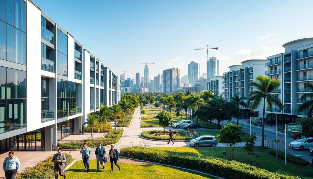 A vibrant real estate scene in Maringá, Brazil, showcasing modern "Studio" apartments near the Unicesumar university. In the foreground, there are sleek, contemporary apartment buildings with large windows reflecting the blue sky. Residents in professional business attire leisurely walk by, creating a sense of community and investment potential. In the middle ground, lush greenery and well-maintained parks enhance the atmosphere, interspersed with signs of new construction and real estate advertisements. The background features the distinctive skyline of Maringá with its unique architecture under soft morning sunlight, highlighting the urban development. The image is captured from a slight aerial view to emphasize the thriving market, with bright, inviting colors conveying optimism and growth. The overall mood is optimistic and forward-looking, embodying the potential for investment in the real estate market of Maringá. A vibrant real estate scene in Maringá, Brazil, showcasing modern "Studio" apartments near the Unicesumar university. In the foreground, there are sleek, contemporary apartment buildings with large windows reflecting the blue sky. Residents in professional business attire leisurely walk by, creating a sense of community and investment potential. In the middle ground, lush greenery and well-maintained parks enhance the atmosphere, interspersed with signs of new construction and real estate advertisements. The background features the distinctive skyline of Maringá with its unique architecture under soft morning sunlight, highlighting the urban development. The image is captured from a slight aerial view to emphasize the thriving market, with bright, inviting colors conveying optimism and growth. The overall mood is optimistic and forward-looking, embodying the potential for investment in the real estate market of Maringá.