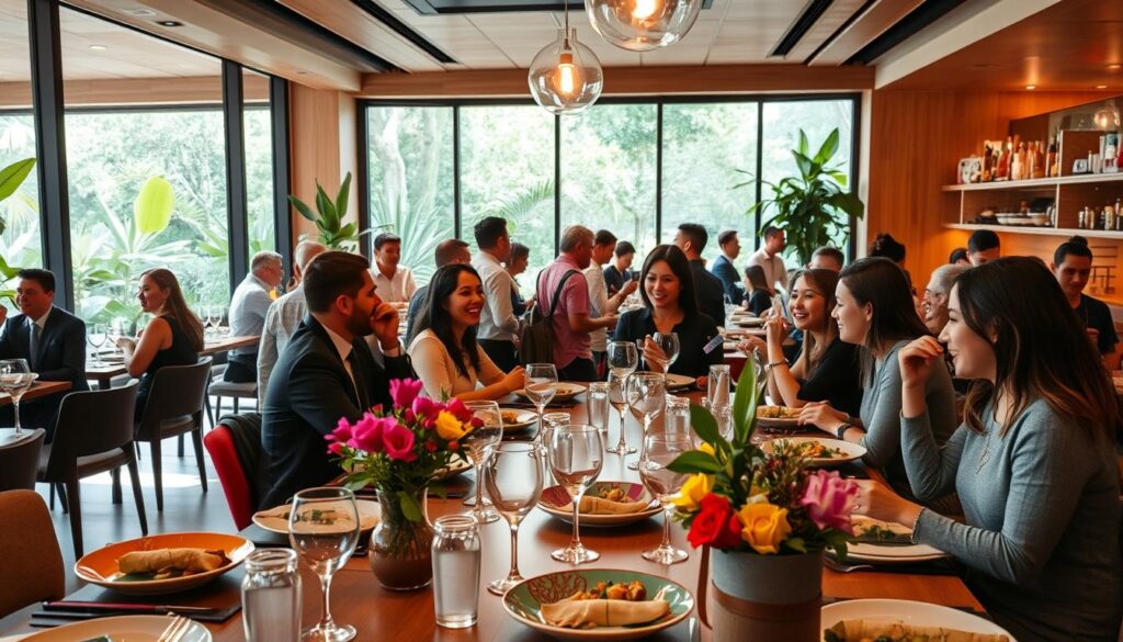 A vibrant restaurant scene in Jardim Aclimação, showcasing a modern yet inviting interior. In the foreground, a beautifully set table adorned with colorful dishes, fresh flowers, and glimmering glassware, exuding a warm, welcoming atmosphere. In the middle ground, a diverse group of people, dressed in smart casual attire, engaged in joyful conversation, capturing the essence of community dining. The background features large windows overlooking a lush garden, allowing natural light to flood the space, illuminating the restaurant's contemporary décor with warm wood tones and soft, ambient lighting. The mood is lively and cheerful, embodying the excitement of a new culinary hub. The angle is slightly above eye level, providing a dynamic perspective of the bustling space. A vibrant restaurant scene in Jardim Aclimação, showcasing a modern yet inviting interior. In the foreground, a beautifully set table adorned with colorful dishes, fresh flowers, and glimmering glassware, exuding a warm, welcoming atmosphere. In the middle ground, a diverse group of people, dressed in smart casual attire, engaged in joyful conversation, capturing the essence of community dining. The background features large windows overlooking a lush garden, allowing natural light to flood the space, illuminating the restaurant's contemporary décor with warm wood tones and soft, ambient lighting. The mood is lively and cheerful, embodying the excitement of a new culinary hub. The angle is slightly above eye level, providing a dynamic perspective of the bustling space.