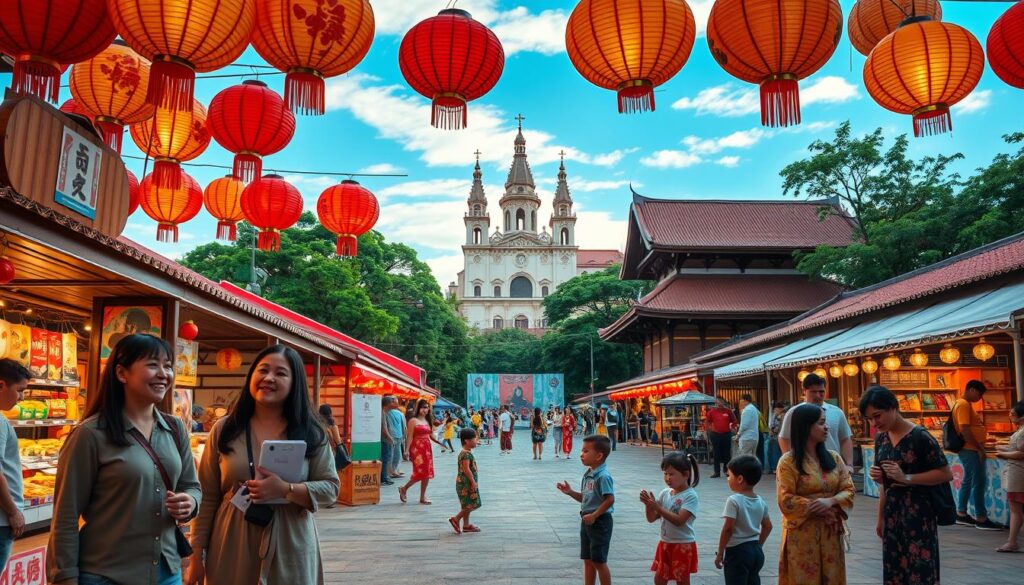A vibrant scene capturing the Nipo-Brasileiro Festival in Maringá, showcasing colorful traditional Japanese decorations and lanterns hanging above bustling market stalls filled with Japanese foods and crafts. In the foreground, a small group of people dressed in modest casual clothing, representing both Japanese and Brazilian cultures, enjoy the festivities, smiling and engaging with one another. In the middle ground, children play with traditional toys while performers dressed in colorful kimonos dance gracefully on a stage. The background features the striking architecture of cultural pavilions inspired by Japanese design, lush greenery, and the iconic Maringá Cathedral silhouetted against a bright blue sky. The atmosphere is cheerful and inviting, illuminated by soft, warm light, capturing the essence of cultural celebration and community spirit. A vibrant scene capturing the Nipo-Brasileiro Festival in Maringá, showcasing colorful traditional Japanese decorations and lanterns hanging above bustling market stalls filled with Japanese foods and crafts. In the foreground, a small group of people dressed in modest casual clothing, representing both Japanese and Brazilian cultures, enjoy the festivities, smiling and engaging with one another. In the middle ground, children play with traditional toys while performers dressed in colorful kimonos dance gracefully on a stage. The background features the striking architecture of cultural pavilions inspired by Japanese design, lush greenery, and the iconic Maringá Cathedral silhouetted against a bright blue sky. The atmosphere is cheerful and inviting, illuminated by soft, warm light, capturing the essence of cultural celebration and community spirit.