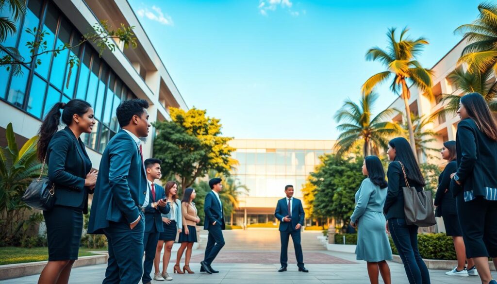 A vibrant scene depicting a renowned private education institution in Maringá, Brazil. In the foreground, a diverse group of students, dressed in professional business attire, are engaged in a lively discussion near the school building. The middle layer features a modern, architecturally impressive school building with large windows and lush greenery surrounding it, showcasing an inviting and inspiring educational environment. In the background, the blue sky and hints of Maringá’s skyline add depth to the image, with soft, warm lighting illuminating the scene, creating an atmosphere of optimism and growth. The composition should evoke a sense of community, ambition, and academic excellence, with a focus on the students' interaction and the school's welcoming architecture. A vibrant scene depicting a renowned private education institution in Maringá, Brazil. In the foreground, a diverse group of students, dressed in professional business attire, are engaged in a lively discussion near the school building. The middle layer features a modern, architecturally impressive school building with large windows and lush greenery surrounding it, showcasing an inviting and inspiring educational environment. In the background, the blue sky and hints of Maringá’s skyline add depth to the image, with soft, warm lighting illuminating the scene, creating an atmosphere of optimism and growth. The composition should evoke a sense of community, ambition, and academic excellence, with a focus on the students' interaction and the school's welcoming architecture.
