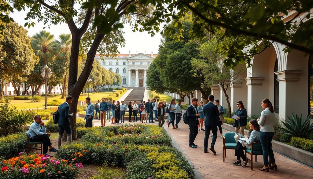 A vibrant scene depicting the Jardim Aclimação, showcasing its lush greenery and inviting pathways, with students in professional business attire casually mingling and studying. In the foreground, a well-maintained garden with colorful flowers and seating areas, where a diverse group of students are engaged in lively discussion and group work. The middle ground features elegant trees and decorative arches, subtly framing the beautiful landscape. In the background, the iconic Unicesumar building is visible, giving a sense of proximity and accessibility. The scene is bathed in warm afternoon sunlight, creating an inviting and serene atmosphere, emphasizing the connection between the garden and the university, shot from a slightly elevated angle to capture the expanse and tranquility of the space. A vibrant scene depicting the Jardim Aclimação, showcasing its lush greenery and inviting pathways, with students in professional business attire casually mingling and studying. In the foreground, a well-maintained garden with colorful flowers and seating areas, where a diverse group of students are engaged in lively discussion and group work. The middle ground features elegant trees and decorative arches, subtly framing the beautiful landscape. In the background, the iconic Unicesumar building is visible, giving a sense of proximity and accessibility. The scene is bathed in warm afternoon sunlight, creating an inviting and serene atmosphere, emphasizing the connection between the garden and the university, shot from a slightly elevated angle to capture the expanse and tranquility of the space.