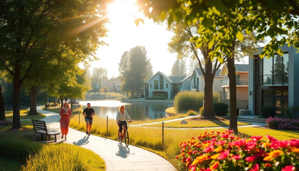 A vibrant scene depicting the benefits of living near Bosque 2, showcasing a peaceful residential area surrounded by lush greenery and vibrant flowers. In the foreground, envision families enjoying outdoor activities, such as jogging and cycling along scenic pathways, dressed in casual, modest clothing. The middle ground features modern, attractive homes with large windows, blending seamlessly with nature. In the background, towering trees and a serene lake reflect the golden sunlight, creating a warm and inviting atmosphere. Soft sunlight filters through the leaves, enhancing the tranquil mood of the scene. The angle captures the depth of the landscape, focusing on the harmony between nature and modern living, inviting viewers to appreciate the lifestyle of residing near Bosque 2. A vibrant scene depicting the benefits of living near Bosque 2, showcasing a peaceful residential area surrounded by lush greenery and vibrant flowers. In the foreground, envision families enjoying outdoor activities, such as jogging and cycling along scenic pathways, dressed in casual, modest clothing. The middle ground features modern, attractive homes with large windows, blending seamlessly with nature. In the background, towering trees and a serene lake reflect the golden sunlight, creating a warm and inviting atmosphere. Soft sunlight filters through the leaves, enhancing the tranquil mood of the scene. The angle captures the depth of the landscape, focusing on the harmony between nature and modern living, inviting viewers to appreciate the lifestyle of residing near Bosque 2.