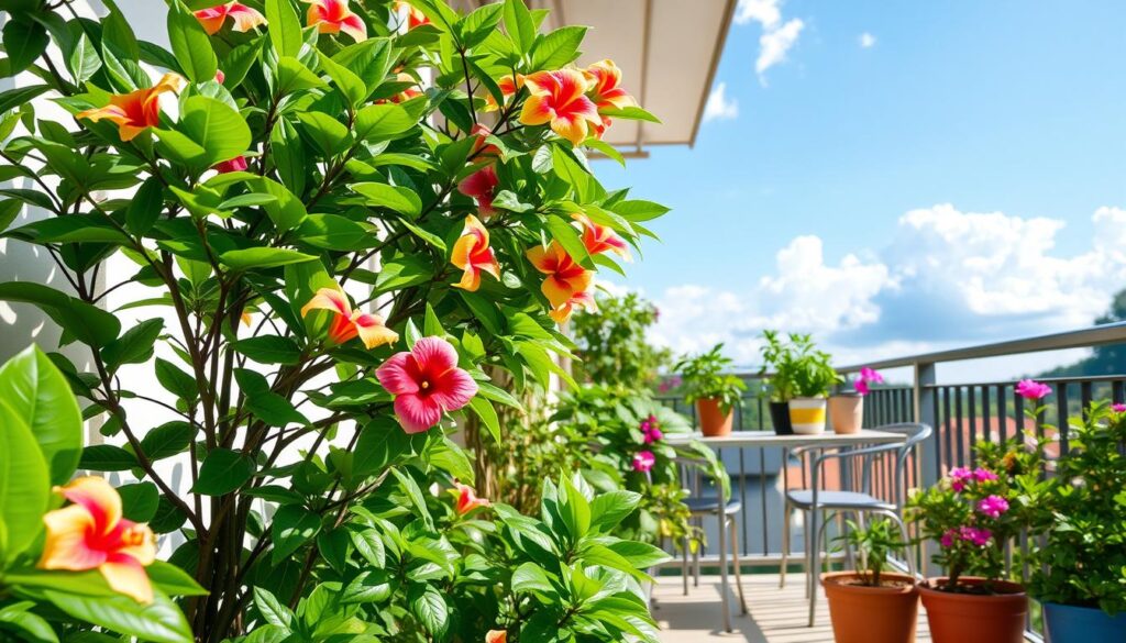 A vibrant scene depicting the climate of Maringá, Brazil, focusing on an apartment garden. In the foreground, lush green potted plants with colorful flowers such as hibiscus and orchids, representing the tropical essence of the region. In the middle ground, a sunny balcony with a small table and chairs, adorned with gardening tools and a watering can, inviting an atmosphere of tranquility and leisure. The background features a clear blue sky with soft, fluffy clouds, hinting at the seasonal weather patterns of Maringá. Natural sunlight illuminates the scene, casting gentle shadows. The composition should evoke a warm and inviting mood, ideal for apartment gardening enthusiasts. A vibrant scene depicting the climate of Maringá, Brazil, focusing on an apartment garden. In the foreground, lush green potted plants with colorful flowers such as hibiscus and orchids, representing the tropical essence of the region. In the middle ground, a sunny balcony with a small table and chairs, adorned with gardening tools and a watering can, inviting an atmosphere of tranquility and leisure. The background features a clear blue sky with soft, fluffy clouds, hinting at the seasonal weather patterns of Maringá. Natural sunlight illuminates the scene, casting gentle shadows. The composition should evoke a warm and inviting mood, ideal for apartment gardening enthusiasts.