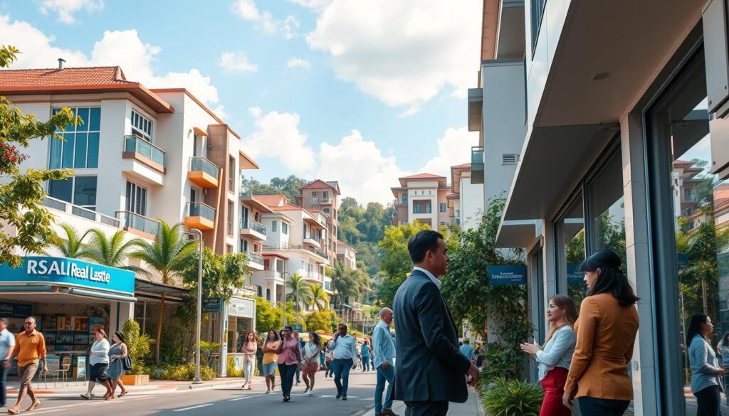 A vibrant scene depicting the real estate market in Paiçandu, showcasing a mixture of modern and traditional architecture. In the foreground, a busy street lined with real estate offices, featuring professional agents in modest business attire discussing properties with clients. In the middle ground, newly constructed residential buildings and commercial spaces are visible, illustrating growth and development. The background features lush greenery and a blue sky, adding a sense of optimism. The lighting is warm and inviting, evoking a sense of opportunity. A slight angle captures the dynamism of the marketplace, with people engaged in activities like viewing listings and interacting in a friendly atmosphere. The overall mood conveys progress and community spirit in the expanding real estate sector. A vibrant scene depicting the real estate market in Paiçandu, showcasing a mixture of modern and traditional architecture. In the foreground, a busy street lined with real estate offices, featuring professional agents in modest business attire discussing properties with clients. In the middle ground, newly constructed residential buildings and commercial spaces are visible, illustrating growth and development. The background features lush greenery and a blue sky, adding a sense of optimism. The lighting is warm and inviting, evoking a sense of opportunity. A slight angle captures the dynamism of the marketplace, with people engaged in activities like viewing listings and interacting in a friendly atmosphere. The overall mood conveys progress and community spirit in the expanding real estate sector.
