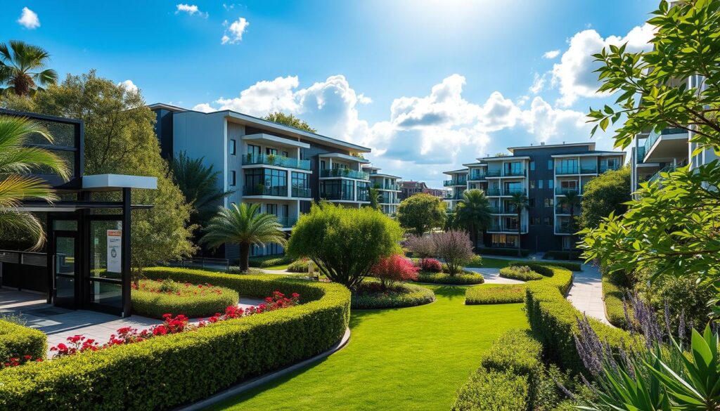 A vibrant scene of Eurogarden Maringá, showcasing its unique architectural design nestled among lush greenery. In the foreground, include a stylized entrance featuring modern glass and steel elements, with neatly trimmed hedges and colorful flowers. The middle ground displays beautifully designed residential buildings, featuring balconies with plants, symbolizing a harmonious living community. In the background, capture the skyline of Maringá with clear blue skies, sunny lighting, and soft clouds. Use a slightly elevated angle to emphasize the gardens and walkways that connect the spaces. The atmosphere conveys a sense of tranquility and investment potential, appealing to prospective buyers and investors. A vibrant scene of Eurogarden Maringá, showcasing its unique architectural design nestled among lush greenery. In the foreground, include a stylized entrance featuring modern glass and steel elements, with neatly trimmed hedges and colorful flowers. The middle ground displays beautifully designed residential buildings, featuring balconies with plants, symbolizing a harmonious living community. In the background, capture the skyline of Maringá with clear blue skies, sunny lighting, and soft clouds. Use a slightly elevated angle to emphasize the gardens and walkways that connect the spaces. The atmosphere conveys a sense of tranquility and investment potential, appealing to prospective buyers and investors.