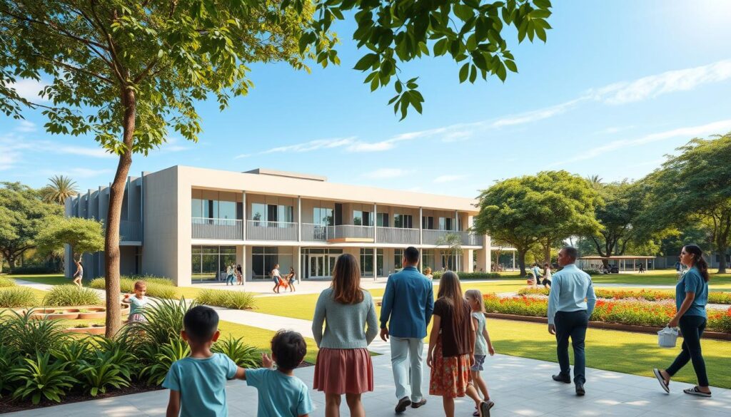 A vibrant scene showcasing a modern school building in Maringá, Brazil, surrounded by lush greenery and playgrounds, emphasizing a family-friendly environment. In the foreground, children of diverse backgrounds engage in playful activities, accompanied by teachers in professional attire. The middle ground features parents chatting, while admiring the school's architecture, a blend of contemporary design with a welcoming atmosphere. In the background, beautiful park trees and colorful flower beds create a serene backdrop under a bright blue sky, with soft sunlight filtering through the leaves, casting gentle shadows. The composition should convey a sense of community, safety, and inspiration for families considering education options. The image should capture an optimistic and nurturing mood, perfect for illustrating the importance of schools in choosing a neighborhood for raising children. A vibrant scene showcasing a modern school building in Maringá, Brazil, surrounded by lush greenery and playgrounds, emphasizing a family-friendly environment. In the foreground, children of diverse backgrounds engage in playful activities, accompanied by teachers in professional attire. The middle ground features parents chatting, while admiring the school's architecture, a blend of contemporary design with a welcoming atmosphere. In the background, beautiful park trees and colorful flower beds create a serene backdrop under a bright blue sky, with soft sunlight filtering through the leaves, casting gentle shadows. The composition should convey a sense of community, safety, and inspiration for families considering education options. The image should capture an optimistic and nurturing mood, perfect for illustrating the importance of schools in choosing a neighborhood for raising children.