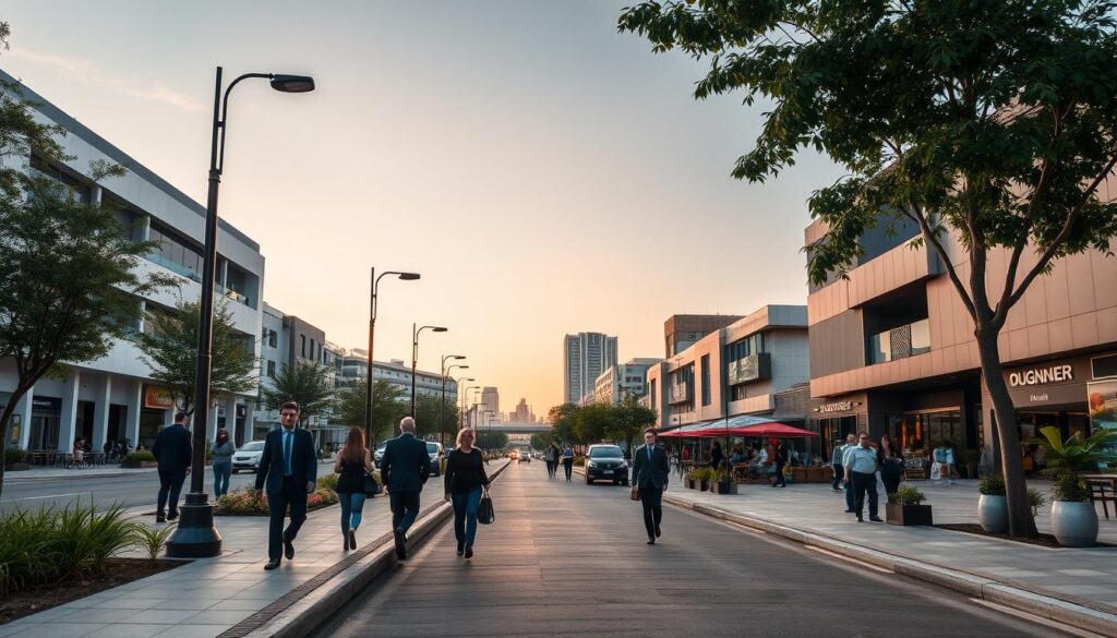 A vibrant scene showcasing the current landscape of Avenida Guedner and Aclimação in Maringá, Brazil. In the foreground, well-maintained sidewalks lined with sparse greenery and stylish street lamps, where pedestrians in professional attire stroll leisurely. The middle ground features a bustling avenue with modern buildings, cafes, and local shops, highlighting the area's urban revitalization. In the background, soft hues of a sunset cast a warm glow over the skyline, creating an inviting atmosphere. Capture the scene from a slightly elevated angle, using a wide lens to emphasize the depth of the street and the life within it. Aim for a contemporary and lively ambiance, reflecting the progress and community spirit of the region. A vibrant scene showcasing the current landscape of Avenida Guedner and Aclimação in Maringá, Brazil. In the foreground, well-maintained sidewalks lined with sparse greenery and stylish street lamps, where pedestrians in professional attire stroll leisurely. The middle ground features a bustling avenue with modern buildings, cafes, and local shops, highlighting the area's urban revitalization. In the background, soft hues of a sunset cast a warm glow over the skyline, creating an inviting atmosphere. Capture the scene from a slightly elevated angle, using a wide lens to emphasize the depth of the street and the life within it. Aim for a contemporary and lively ambiance, reflecting the progress and community spirit of the region.