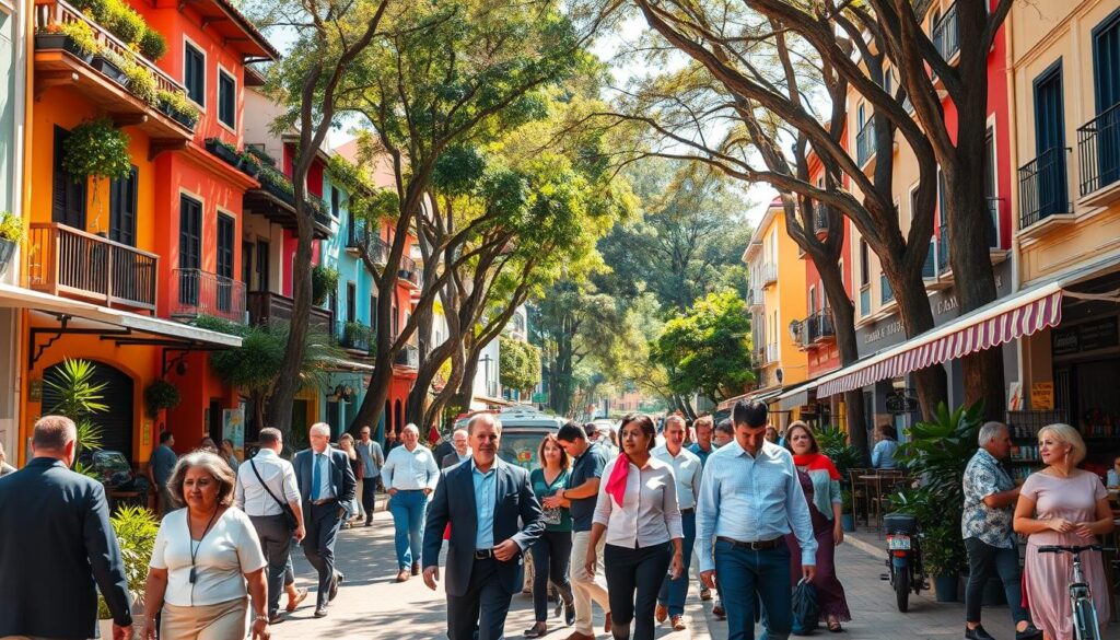 A vibrant street scene capturing the essence of Jardim Alvorada, showcasing its unique charm as a self-sustaining neighborhood. In the foreground, people are seen casually walking, dressed in professional attire and modest casual clothing, engaging with one another in a lively outdoor café setting. The middle ground features an array of colorful residential buildings with lush greenery, small shops, and local vendors, highlighting the community-oriented atmosphere. In the background, tall trees line the streets, with warm sunlight filtering through the leaves, casting soft shadows. The mood is lively yet relaxed, embodying a sense of independence and self-sufficiency, with a wide-angle perspective to encompass the vibrancy of the neighborhood. The lighting is bright and inviting, enhancing the warm colors of the buildings and greenery. A vibrant street scene capturing the essence of Jardim Alvorada, showcasing its unique charm as a self-sustaining neighborhood. In the foreground, people are seen casually walking, dressed in professional attire and modest casual clothing, engaging with one another in a lively outdoor café setting. The middle ground features an array of colorful residential buildings with lush greenery, small shops, and local vendors, highlighting the community-oriented atmosphere. In the background, tall trees line the streets, with warm sunlight filtering through the leaves, casting soft shadows. The mood is lively yet relaxed, embodying a sense of independence and self-sufficiency, with a wide-angle perspective to encompass the vibrancy of the neighborhood. The lighting is bright and inviting, enhancing the warm colors of the buildings and greenery.