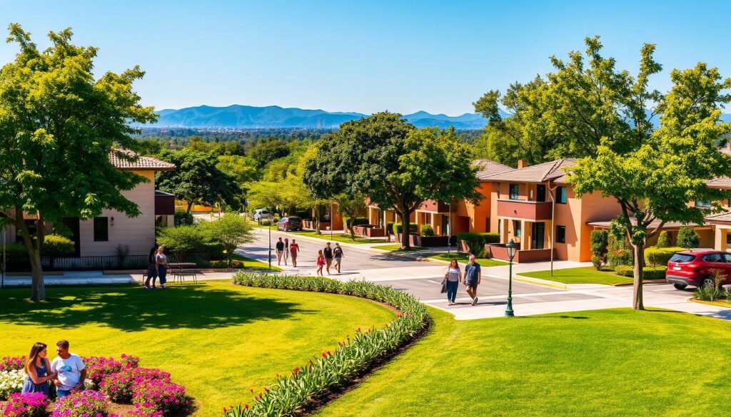 A vibrant street scene depicting Jardim Alvorada in Maringá, showcasing its distinct residential architecture and lush green landscaping. In the foreground, a well-maintained park with colorful flowers and families enjoying a sunny day. The middle ground features charming houses with modern design, their vibrant facades reflecting the community's spirit. Tree-lined streets with well-paved sidewalks invite pedestrians, while a few people in modest casual clothing stroll leisurely. In the background, the silhouette of distant hills under a clear blue sky. The lighting is bright and warm, illuminating the scene with a cheerful atmosphere. The composition is captured from a slightly elevated angle, offering a panoramic view that highlights the neighborhood's cohesive and independent vibe. A vibrant street scene depicting Jardim Alvorada in Maringá, showcasing its distinct residential architecture and lush green landscaping. In the foreground, a well-maintained park with colorful flowers and families enjoying a sunny day. The middle ground features charming houses with modern design, their vibrant facades reflecting the community's spirit. Tree-lined streets with well-paved sidewalks invite pedestrians, while a few people in modest casual clothing stroll leisurely. In the background, the silhouette of distant hills under a clear blue sky. The lighting is bright and warm, illuminating the scene with a cheerful atmosphere. The composition is captured from a slightly elevated angle, offering a panoramic view that highlights the neighborhood's cohesive and independent vibe.