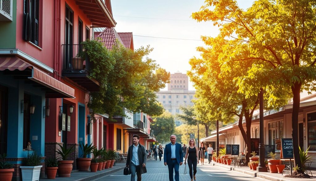 A vibrant street scene depicting "Zona 07," highlighting a popular area near the UEM in Maringá. In the foreground, a cozy residential building with colorful exteriors, adorned with potted plants. A few people in smart casual clothing stroll along the sidewalk, engaged in friendly conversation. In the middle ground, local shops and cafes line the street, their awnings providing shade. Lush green trees frame the area, enhancing the welcoming atmosphere. In the background, the iconic silhouette of the university can be seen against a bright blue sky, with soft, diffused sunlight illuminating the scene, creating a lively and inviting ambiance. The overall mood is warm and vibrant, reflecting a community-oriented neighborhood. Kitnet perto da UEM