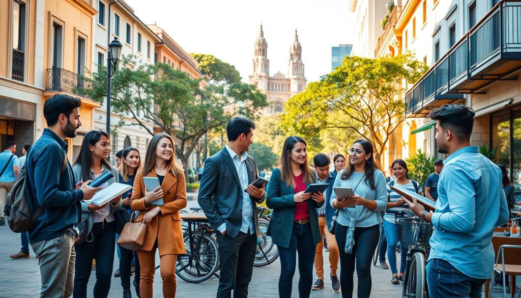 A vibrant street scene depicting a lively comparison between Zona 07 and Jardim Aclimação, showcasing their appeal to university students. In the foreground, a group of diverse students in smart casual clothing is engaged in a friendly debate, holding books and laptops, with visible city landmarks in the background. The middle ground features a bustling café with outdoor seating, where some students are socializing, along with bikes parked nearby. In the background, the distinct architectural characteristics of Zona 07 blend with the lush greenery of Jardim Aclimação. The lighting is warm, suggesting late afternoon sun, creating a cozy and inviting atmosphere. A wide-angle perspective captures the essence of both areas, emphasizing their unique qualities and vibrant student life. A vibrant street scene depicting a lively comparison between Zona 07 and Jardim Aclimação, showcasing their appeal to university students. In the foreground, a group of diverse students in smart casual clothing is engaged in a friendly debate, holding books and laptops, with visible city landmarks in the background. The middle ground features a bustling café with outdoor seating, where some students are socializing, along with bikes parked nearby. In the background, the distinct architectural characteristics of Zona 07 blend with the lush greenery of Jardim Aclimação. The lighting is warm, suggesting late afternoon sun, creating a cozy and inviting atmosphere. A wide-angle perspective captures the essence of both areas, emphasizing their unique qualities and vibrant student life.