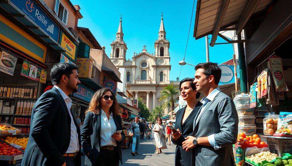 A vibrant street scene depicting the cost of living in Maringá, Brazil, showcasing a busy marketplace filled with diverse shops and local vendors. In the foreground, a group of four people, dressed in professional business attire, engages in conversation, discussing various living expenses. The middle ground features colorful storefronts with price tags visible on products like fresh produce and daily essentials, highlighting affordability. In the background, the iconic Maringá Cathedral rises against a clear blue sky, adding a cultural touch. The lighting is warm and inviting, evoking a friendly atmosphere. The angle is slightly elevated, offering a comprehensive view of the lively market, reflecting a dynamic and economically diverse community. A vibrant street scene depicting the cost of living in Maringá, Brazil, showcasing a busy marketplace filled with diverse shops and local vendors. In the foreground, a group of four people, dressed in professional business attire, engages in conversation, discussing various living expenses. The middle ground features colorful storefronts with price tags visible on products like fresh produce and daily essentials, highlighting affordability. In the background, the iconic Maringá Cathedral rises against a clear blue sky, adding a cultural touch. The lighting is warm and inviting, evoking a friendly atmosphere. The angle is slightly elevated, offering a comprehensive view of the lively market, reflecting a dynamic and economically diverse community.