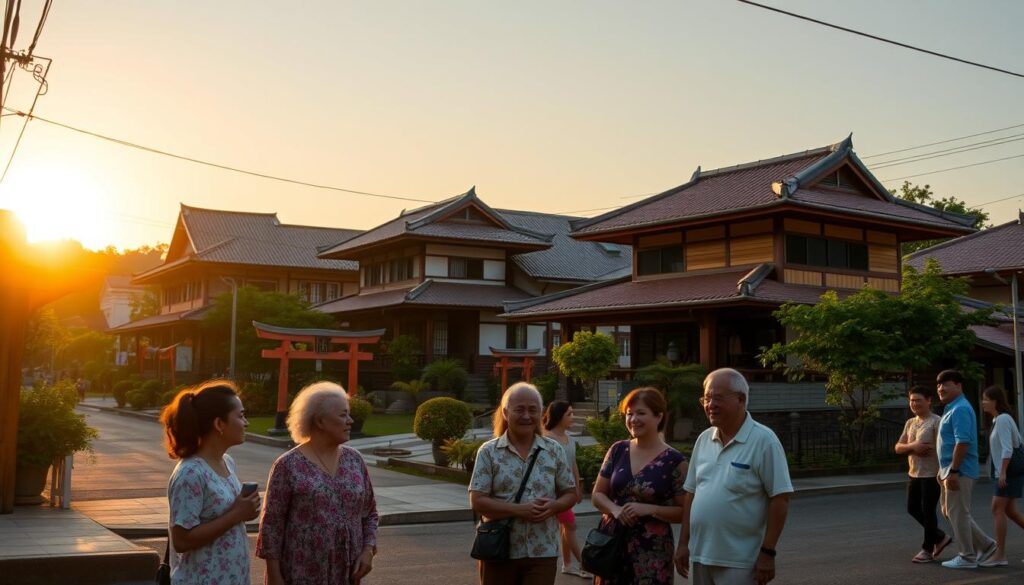 A vibrant street scene in Maringá, depicting the influence of Japanese immigration on architecture and community. In the foreground, a small group of Japanese Brazilian families in modest casual clothing casually engage in conversation, radiating warmth and camaraderie. The middle ground features traditional Japanese-style houses with intricately designed roofs, surrounded by lush gardens and cultural elements like torii gates or lanterns. In the background, the sun sets softly, casting a golden hue over the scene, accentuating the tranquil atmosphere. The image captures the harmonious blend of Japanese cultural aesthetics with Brazilian elements, showcasing a peaceful neighborhood. The composition is framed with a slightly elevated angle, creating a harmonious balance of light and shadow, evoking a deep sense of community and historical significance. A vibrant street scene in Maringá, depicting the influence of Japanese immigration on architecture and community. In the foreground, a small group of Japanese Brazilian families in modest casual clothing casually engage in conversation, radiating warmth and camaraderie. The middle ground features traditional Japanese-style houses with intricately designed roofs, surrounded by lush gardens and cultural elements like torii gates or lanterns. In the background, the sun sets softly, casting a golden hue over the scene, accentuating the tranquil atmosphere. The image captures the harmonious blend of Japanese cultural aesthetics with Brazilian elements, showcasing a peaceful neighborhood. The composition is framed with a slightly elevated angle, creating a harmonious balance of light and shadow, evoking a deep sense of community and historical significance.