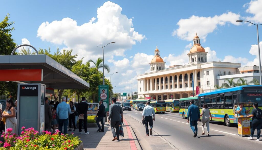A vibrant street scene in Maringá near the bus station, showcasing a diverse group of people, including families and professionals dressed in smart casual attire, interacting with public transport. In the foreground, a well-maintained bus stop with modern signage, surrounded by lush greenery and blooming flowers. The middle ground features a busy road with various buses and cars, while on the sidewalks, local vendors are selling snacks and beverages. The background shows the iconic architecture of the bus station with bright blue skies and fluffy clouds above. The scene is bathed in warm, afternoon sunlight, creating an inviting atmosphere. The perspective is slightly elevated, giving a panoramic view of the lively urban environment that emphasizes the advantages of living near the bus station. A vibrant street scene in Maringá near the bus station, showcasing a diverse group of people, including families and professionals dressed in smart casual attire, interacting with public transport. In the foreground, a well-maintained bus stop with modern signage, surrounded by lush greenery and blooming flowers. The middle ground features a busy road with various buses and cars, while on the sidewalks, local vendors are selling snacks and beverages. The background shows the iconic architecture of the bus station with bright blue skies and fluffy clouds above. The scene is bathed in warm, afternoon sunlight, creating an inviting atmosphere. The perspective is slightly elevated, giving a panoramic view of the lively urban environment that emphasizes the advantages of living near the bus station.