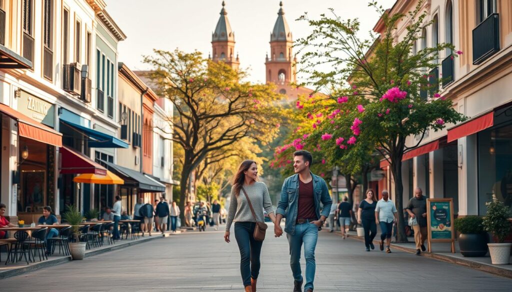 A vibrant street scene in Zona 01, Maringá, showcasing a lively urban atmosphere. In the foreground, a couple is strolling hand-in-hand, dressed in smart casual clothing, embodying a relaxed, car-free lifestyle. The middle ground features a bustling pedestrian-friendly avenue lined with trendy cafes and small shops, colorful awnings casting soft shadows. In the background, Maringá's iconic architecture stands tall, surrounded by lush greenery and bright flowering trees, creating a picturesque setting. The scene is bathed in warm, golden sunlight, enhancing the inviting ambiance. A wide-angle view captures the dynamic energy of the area, with a slightly elevated perspective that showcases both people and surroundings, emphasizing the ideal livability of Zona 01 without a car. A vibrant street scene in Zona 01, Maringá, showcasing a lively urban atmosphere. In the foreground, a couple is strolling hand-in-hand, dressed in smart casual clothing, embodying a relaxed, car-free lifestyle. The middle ground features a bustling pedestrian-friendly avenue lined with trendy cafes and small shops, colorful awnings casting soft shadows. In the background, Maringá's iconic architecture stands tall, surrounded by lush greenery and bright flowering trees, creating a picturesque setting. The scene is bathed in warm, golden sunlight, enhancing the inviting ambiance. A wide-angle view captures the dynamic energy of the area, with a slightly elevated perspective that showcases both people and surroundings, emphasizing the ideal livability of Zona 01 without a car.
