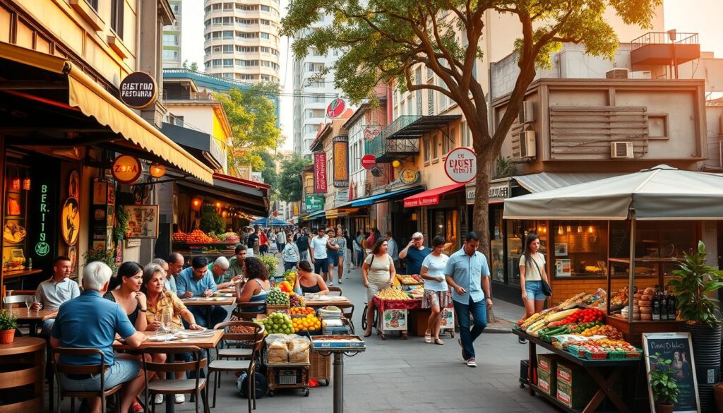 A vibrant street scene in Zona 02, São Paulo, showcasing the rich culinary diversity of the area. In the foreground, a bustling outdoor café with tables filled with people enjoying various traditional Brazilian dishes and international cuisines. Next to them, a market stall brimming with colorful fruits, spices, and street food, capturing the essence of local flavors. In the middle ground, a charming street lined with diverse restaurants featuring unique signage, some with outdoor seating, while people leisurely walk by, savoring the atmosphere. The background features a backdrop of urban architecture mixed with greenery, illuminated by warm, golden lighting of a late afternoon. The scene conveys a lively, inviting mood, emphasizing the culinary exploration and cultural richness of this vibrant São Paulo neighborhood. A vibrant street scene in Zona 02, São Paulo, showcasing the rich culinary diversity of the area. In the foreground, a bustling outdoor café with tables filled with people enjoying various traditional Brazilian dishes and international cuisines. Next to them, a market stall brimming with colorful fruits, spices, and street food, capturing the essence of local flavors. In the middle ground, a charming street lined with diverse restaurants featuring unique signage, some with outdoor seating, while people leisurely walk by, savoring the atmosphere. The background features a backdrop of urban architecture mixed with greenery, illuminated by warm, golden lighting of a late afternoon. The scene conveys a lively, inviting mood, emphasizing the culinary exploration and cultural richness of this vibrant São Paulo neighborhood.
