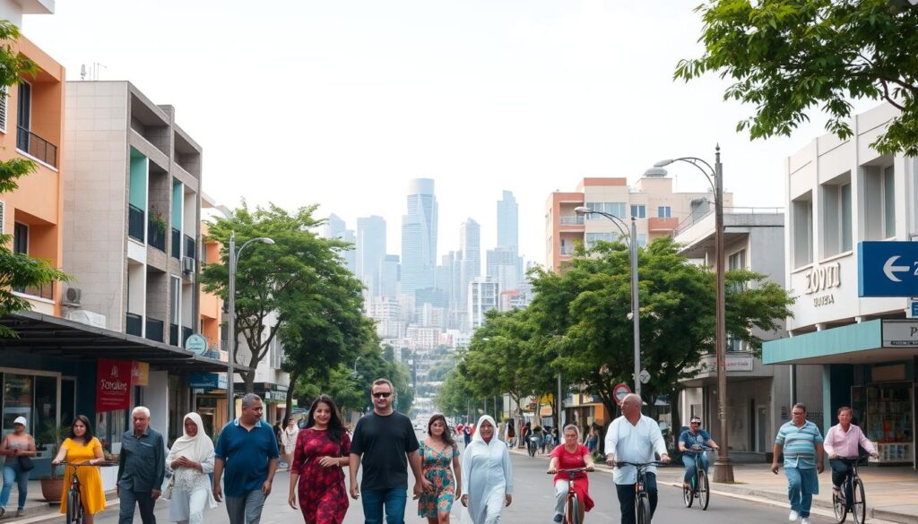 A vibrant street scene in Zona 07, Maringá, showcasing the neighborhood’s urban charm. In the foreground, a diverse group of families is walking together, dressed in casual but modest clothing, enjoying their day. The middle ground features a mix of modern residential buildings and small local shops, while trees line the streets, adding greenery. The background showcases the iconic city skyline with a bright blue sky, suggesting a sunny day. Capture the hustle and bustle of daily life with subtle signs of activity, like cyclists and pedestrians. Use soft, natural lighting to emphasize a welcoming atmosphere. The camera angle should be slightly elevated, providing a comprehensive view of the street's vibrancy and neighborhood feel. A vibrant street scene in Zona 07, Maringá, showcasing the neighborhood’s urban charm. In the foreground, a diverse group of families is walking together, dressed in casual but modest clothing, enjoying their day. The middle ground features a mix of modern residential buildings and small local shops, while trees line the streets, adding greenery. The background showcases the iconic city skyline with a bright blue sky, suggesting a sunny day. Capture the hustle and bustle of daily life with subtle signs of activity, like cyclists and pedestrians. Use soft, natural lighting to emphasize a welcoming atmosphere. The camera angle should be slightly elevated, providing a comprehensive view of the street's vibrancy and neighborhood feel.
