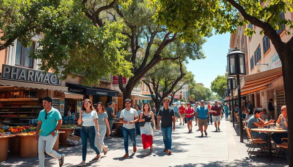 A vibrant street scene in Zona 07, showcasing a bustling pedestrian-friendly environment. In the foreground, a diverse group of people in casual yet stylish clothing walk happily along a lively market street filled with colorful stalls selling fresh produce and local goods. Middle ground features a charming pharmacy and inviting cafes with outdoor seating, where friends are chatting over coffee. In the background, leafy trees provide shade, and a clear blue sky brightens the atmosphere, emphasizing a sunny day. Use warm, natural lighting to create a welcoming vibe, and a slightly elevated angle to capture the overall energy of the community. The image should evoke a sense of freedom and joy that comes from living without a car. A vibrant street scene in Zona 07, showcasing a bustling pedestrian-friendly environment. In the foreground, a diverse group of people in casual yet stylish clothing walk happily along a lively market street filled with colorful stalls selling fresh produce and local goods. Middle ground features a charming pharmacy and inviting cafes with outdoor seating, where friends are chatting over coffee. In the background, leafy trees provide shade, and a clear blue sky brightens the atmosphere, emphasizing a sunny day. Use warm, natural lighting to create a welcoming vibe, and a slightly elevated angle to capture the overall energy of the community. The image should evoke a sense of freedom and joy that comes from living without a car.