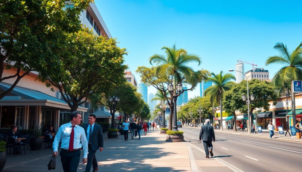 A vibrant street scene of Avenida Pedro Taques in Maringá, showcasing a well-maintained avenue lined with trees and modern buildings. In the foreground, pedestrians in professional business attire are engaging in conversation while walking along the sidewalk. The middle ground features bustling cafes and shops with outdoor seating, highlighting the accessible services available. The background reveals the skyline of Maringá with clear blue skies and sunlight illuminating the scene, creating a warm and inviting atmosphere. A slight perspective from a low angle captures the length of the avenue, emphasizing its strategic location and importance to the city. There are no people in the distance, ensuring the focus remains on the lively street scene. A vibrant street scene of Avenida Pedro Taques in Maringá, showcasing a well-maintained avenue lined with trees and modern buildings. In the foreground, pedestrians in professional business attire are engaging in conversation while walking along the sidewalk. The middle ground features bustling cafes and shops with outdoor seating, highlighting the accessible services available. The background reveals the skyline of Maringá with clear blue skies and sunlight illuminating the scene, creating a warm and inviting atmosphere. A slight perspective from a low angle captures the length of the avenue, emphasizing its strategic location and importance to the city. There are no people in the distance, ensuring the focus remains on the lively street scene.