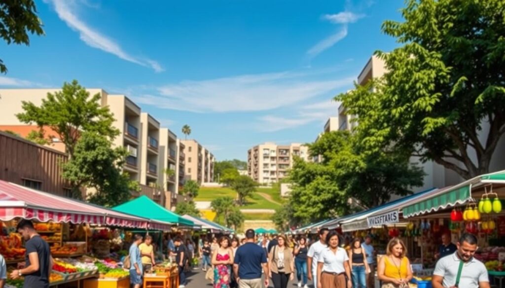 A vibrant street scene of "Venda Maringá," showcasing a lively neighborhood market filled with colorful stalls selling fresh produce, flowers, and local crafts. In the foreground, a diverse group of people dressed in smart casual attire are engaged in shopping and interacting, adding a sense of community. The middle ground features attractive, modern residential buildings that reflect Maringá's architectural style, with green spaces and trees enhancing the environment. In the background, a clear blue sky with soft, warm sunlight casting pleasant shadows creates a welcoming atmosphere. The angle is slightly elevated, providing a comprehensive view of the bustling market while highlighting the harmonious blend of residential and commercial life. The mood is dynamic and inviting, embodying the essence of living in Maringá. A vibrant street scene of "Venda Maringá," showcasing a lively neighborhood market filled with colorful stalls selling fresh produce, flowers, and local crafts. In the foreground, a diverse group of people dressed in smart casual attire are engaged in shopping and interacting, adding a sense of community. The middle ground features attractive, modern residential buildings that reflect Maringá's architectural style, with green spaces and trees enhancing the environment. In the background, a clear blue sky with soft, warm sunlight casting pleasant shadows creates a welcoming atmosphere. The angle is slightly elevated, providing a comprehensive view of the bustling market while highlighting the harmonious blend of residential and commercial life. The mood is dynamic and inviting, embodying the essence of living in Maringá.