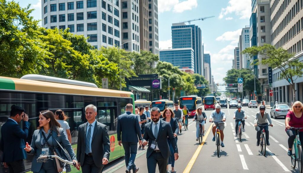 A vibrant street scene showcasing “Acesso Centro Maringá” in Zone 03, filled with modern pedestrians in professional business attire, creating a dynamic atmosphere. In the foreground, depict a bustling bus stop with students waiting, emphasizing quick mobility. The middle ground features organized bike lanes with cyclists commuting efficiently, highlighting accessibility options. The background reveals the iconic architecture of central Maringá, including tall buildings and lush greenery. Capture the scene during a sunny day with bright, natural lighting to convey a lively vibe. Use a slightly elevated angle to provide a comprehensive view of traffic flow and public transportation, evoking a sense of connectivity and ease of access in this urban setting. A vibrant street scene showcasing “Acesso Centro Maringá” in Zone 03, filled with modern pedestrians in professional business attire, creating a dynamic atmosphere. In the foreground, depict a bustling bus stop with students waiting, emphasizing quick mobility. The middle ground features organized bike lanes with cyclists commuting efficiently, highlighting accessibility options. The background reveals the iconic architecture of central Maringá, including tall buildings and lush greenery. Capture the scene during a sunny day with bright, natural lighting to convey a lively vibe. Use a slightly elevated angle to provide a comprehensive view of traffic flow and public transportation, evoking a sense of connectivity and ease of access in this urban setting.