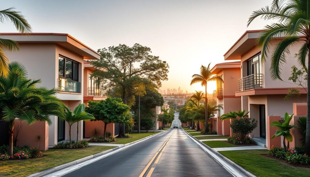 A vibrant street scene showcasing "sobrados geminados" in Maringá, Brazil. In the foreground, a pair of elegantly designed twin houses with modern architecture featuring clean lines and large windows. The houses should have a warm color palette, showcasing their inviting facades. In the middle ground, a tree-lined street with well-maintained sidewalks and flowering plants that enhances the suburban charm. In the background, the distant skyline of Maringá, hinting at a bustling city. Soft, natural lighting creates a welcoming atmosphere, with the sun setting to cast a gentle glow. Use a wide-angle perspective to capture the fullness of the neighborhood, evoking a sense of community and comfort. A vibrant street scene showcasing "sobrados geminados" in Maringá, Brazil. In the foreground, a pair of elegantly designed twin houses with modern architecture featuring clean lines and large windows. The houses should have a warm color palette, showcasing their inviting facades. In the middle ground, a tree-lined street with well-maintained sidewalks and flowering plants that enhances the suburban charm. In the background, the distant skyline of Maringá, hinting at a bustling city. Soft, natural lighting creates a welcoming atmosphere, with the sun setting to cast a gentle glow. Use a wide-angle perspective to capture the fullness of the neighborhood, evoking a sense of community and comfort.