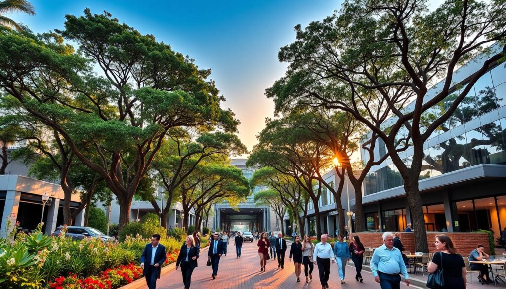 A vibrant street view of Avenida Brasil in Maringá, showcasing its wide, tree-lined avenue bustling with activity. In the foreground, include pedestrians in professional business attire, walking alongside vibrant flowers and green spaces. In the middle ground, feature modern buildings with glass facades and cozy cafes, with outdoor seating encouraging social interaction. The background should display a clear blue sky above a setting sun, casting soft, warm light over the scene. Use a slightly elevated angle to capture the expanding perspective of the avenue. The mood is lively yet relaxed, reflecting the dynamic atmosphere of suburban life mixed with the charm of everyday city living. A vibrant street view of Avenida Brasil in Maringá, showcasing its wide, tree-lined avenue bustling with activity. In the foreground, include pedestrians in professional business attire, walking alongside vibrant flowers and green spaces. In the middle ground, feature modern buildings with glass facades and cozy cafes, with outdoor seating encouraging social interaction. The background should display a clear blue sky above a setting sun, casting soft, warm light over the scene. Use a slightly elevated angle to capture the expanding perspective of the avenue. The mood is lively yet relaxed, reflecting the dynamic atmosphere of suburban life mixed with the charm of everyday city living.