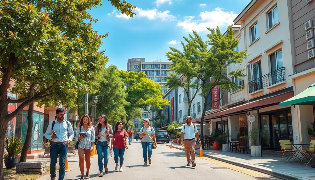 A vibrant street view of Zona 07 in Maringá, showcasing a lively neighborhood close to UEM. In the foreground, a group of diverse young professionals in smart casual clothing walk along a tree-lined sidewalk, carrying books and discussing ideas. The middle of the image highlights a mix of residential buildings and local cafés, with colorful murals and outdoor seating creating an inviting atmosphere. In the background, the iconic architecture of UEM can be seen, subtly framed by lush greenery under a bright blue sky. Soft, warm sunlight illuminates the scene, casting gentle shadows and enhancing the lively, community-focused mood. The composition should convey a sense of connectivity and ease, characteristic of this ideal neighborhood. A vibrant street view of Zona 07 in Maringá, showcasing a lively neighborhood close to UEM. In the foreground, a group of diverse young professionals in smart casual clothing walk along a tree-lined sidewalk, carrying books and discussing ideas. The middle of the image highlights a mix of residential buildings and local cafés, with colorful murals and outdoor seating creating an inviting atmosphere. In the background, the iconic architecture of UEM can be seen, subtly framed by lush greenery under a bright blue sky. Soft, warm sunlight illuminates the scene, casting gentle shadows and enhancing the lively, community-focused mood. The composition should convey a sense of connectivity and ease, characteristic of this ideal neighborhood.
