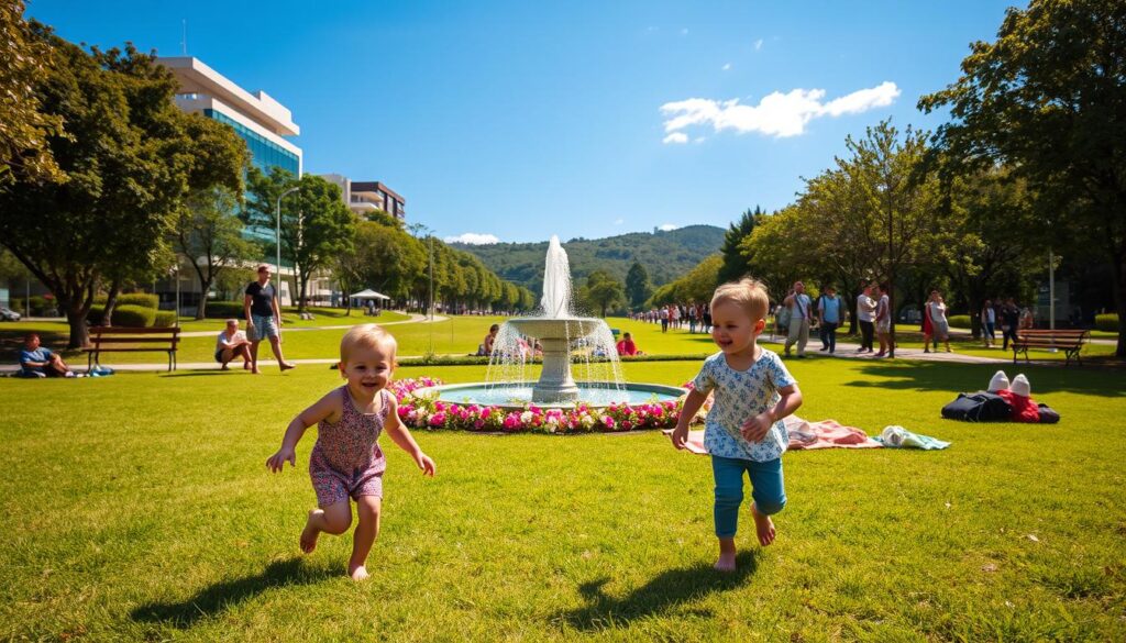 A vibrant, sunny park scene in Maringá showcasing family life and quality of living. In the foreground, two children are playing joyfully on a green grass field, their laughter echoing. Parents, dressed in modest casual clothing, are engaged in conversation nearby on a picnic blanket. In the middle ground, a fountain surrounded by blooming flowers invites relaxation, while a walking path lined with trees leads to friendly groups of people enjoying the day. The background features Maringá's modern architecture and nearby lush hills under a clear blue sky. The lighting is warm and inviting, suggesting a pleasant afternoon vibe, captured from a low-angle perspective to enhance the depth and activity of the scene, creating an atmosphere of harmony and well-being. A vibrant, sunny park scene in Maringá showcasing family life and quality of living. In the foreground, two children are playing joyfully on a green grass field, their laughter echoing. Parents, dressed in modest casual clothing, are engaged in conversation nearby on a picnic blanket. In the middle ground, a fountain surrounded by blooming flowers invites relaxation, while a walking path lined with trees leads to friendly groups of people enjoying the day. The background features Maringá's modern architecture and nearby lush hills under a clear blue sky. The lighting is warm and inviting, suggesting a pleasant afternoon vibe, captured from a low-angle perspective to enhance the depth and activity of the scene, creating an atmosphere of harmony and well-being.