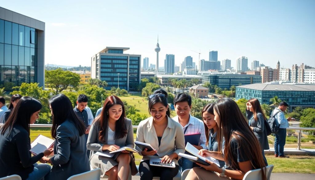 A vibrant university campus scene in Maringá during a sunny day. In the foreground, diverse students in professional attire engage in study groups, with books and laptops spread around them. The middle ground features modern university buildings with lush greenery and visible student housing nearby, illustrating the demand for student accommodation. The background showcases the iconic skyline of Maringá, with its distinctive tower and other educational institutions framed by clear blue skies. Soft, natural lighting casts gentle shadows, creating a warm and inviting atmosphere. The angle is slightly elevated, providing a panoramic view that captures the essence of student life and the educational environment in Maringá. A vibrant university campus scene in Maringá during a sunny day. In the foreground, diverse students in professional attire engage in study groups, with books and laptops spread around them. The middle ground features modern university buildings with lush greenery and visible student housing nearby, illustrating the demand for student accommodation. The background showcases the iconic skyline of Maringá, with its distinctive tower and other educational institutions framed by clear blue skies. Soft, natural lighting casts gentle shadows, creating a warm and inviting atmosphere. The angle is slightly elevated, providing a panoramic view that captures the essence of student life and the educational environment in Maringá.