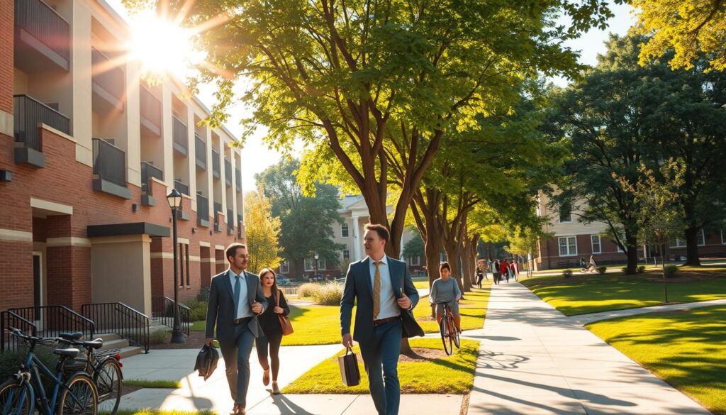 A vibrant university campus scene showing easy access for residents. In the foreground, a modern, welcoming apartment building with students in professional business attire casually walking. The middle ground features a well-maintained pathway lined with trees, leading towards the university campus visible in the background. Bright sunlight filters through the leaves, casting a warm glow on the scene, creating an inviting atmosphere. Capture the essence of a safe, friendly environment that promotes community engagement, with bicycles parked along the sidewalk and lush greenery enhancing the sense of tranquility. Use a wide-angle lens to include both the building and campus in a balanced composition, emphasizing the seamless connection between living spaces and educational opportunities. A vibrant university campus scene showing easy access for residents. In the foreground, a modern, welcoming apartment building with students in professional business attire casually walking. The middle ground features a well-maintained pathway lined with trees, leading towards the university campus visible in the background. Bright sunlight filters through the leaves, casting a warm glow on the scene, creating an inviting atmosphere. Capture the essence of a safe, friendly environment that promotes community engagement, with bicycles parked along the sidewalk and lush greenery enhancing the sense of tranquility. Use a wide-angle lens to include both the building and campus in a balanced composition, emphasizing the seamless connection between living spaces and educational opportunities.