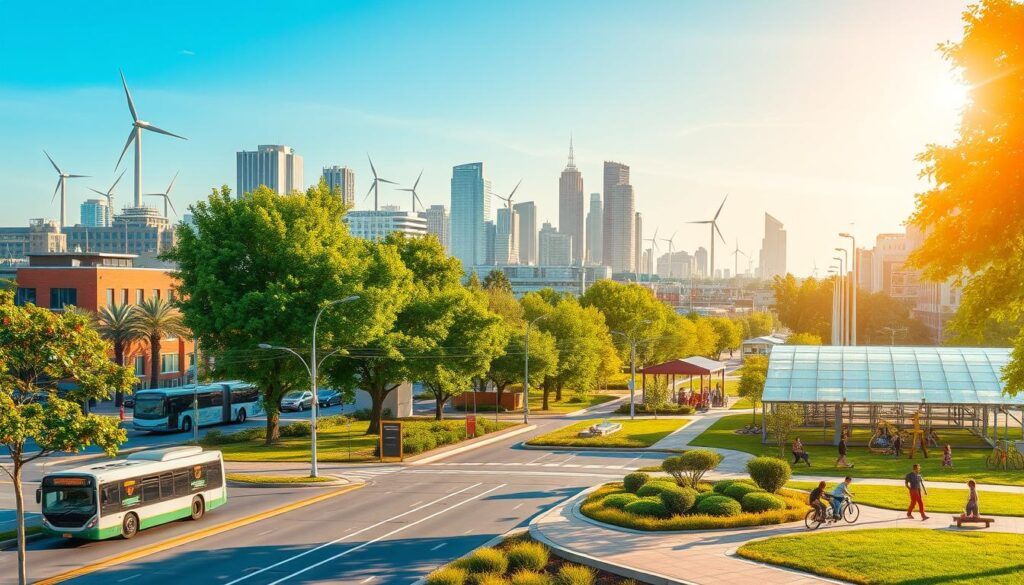 A vibrant urban infrastructure scene depicting a well-planned city environment that supports quality of life. In the foreground, showcase a clean, tree-lined street with modern public transportation options like buses and bike lanes. In the middle ground, feature well-maintained parks with families enjoying recreational activities, highlighting green spaces and playgrounds. In the background, include a skyline of contemporary buildings, accompanied by solar panels and wind turbines to reflect sustainability. The lighting should be warm and inviting, resembling a sunny afternoon, with a slight lens flare for a dynamic effect. Create a positive and family-friendly atmosphere, capturing the essence of a thriving community. Ensure no people are depicted in revealing attire; if included, all subjects should be dressed in professional or modest casual clothing. A vibrant urban infrastructure scene depicting a well-planned city environment that supports quality of life. In the foreground, showcase a clean, tree-lined street with modern public transportation options like buses and bike lanes. In the middle ground, feature well-maintained parks with families enjoying recreational activities, highlighting green spaces and playgrounds. In the background, include a skyline of contemporary buildings, accompanied by solar panels and wind turbines to reflect sustainability. The lighting should be warm and inviting, resembling a sunny afternoon, with a slight lens flare for a dynamic effect. Create a positive and family-friendly atmosphere, capturing the essence of a thriving community. Ensure no people are depicted in revealing attire; if included, all subjects should be dressed in professional or modest casual clothing.