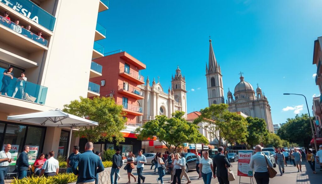 A vibrant urban landscape of Maringá, Brazil, showcasing the current real estate market. In the foreground, a modern apartment building with sleek lines and glass balconies, inhabited by residents in professional attire enjoying the outdoor space. The middle ground features a bustling street with real estate offices displaying property listings, and prospective buyers discussing options. In the background, iconic Maringá architecture, including the Cathedral of Maringá, towers under a bright blue sky. The scene is bathed in warm afternoon light, with lush green trees lining the street. A wide-angle lens captures the lively atmosphere, highlighting the balance between residential and commercial spaces in this thriving market. The overall mood is optimistic and dynamic, reflecting the real estate opportunities in the city. A vibrant urban landscape of Maringá, Brazil, showcasing the current real estate market. In the foreground, a modern apartment building with sleek lines and glass balconies, inhabited by residents in professional attire enjoying the outdoor space. The middle ground features a bustling street with real estate offices displaying property listings, and prospective buyers discussing options. In the background, iconic Maringá architecture, including the Cathedral of Maringá, towers under a bright blue sky. The scene is bathed in warm afternoon light, with lush green trees lining the street. A wide-angle lens captures the lively atmosphere, highlighting the balance between residential and commercial spaces in this thriving market. The overall mood is optimistic and dynamic, reflecting the real estate opportunities in the city.